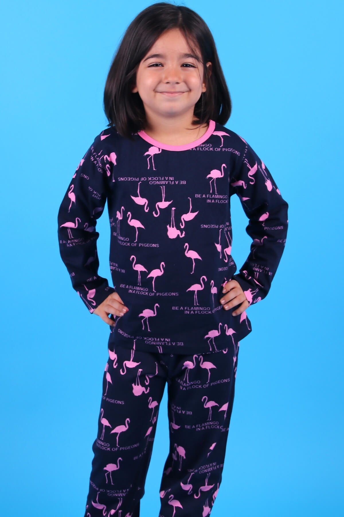 Breeze Kız Çocuk Pijama Takımı Flamingolu Lacivert-Pembe (2-10 Yaş)