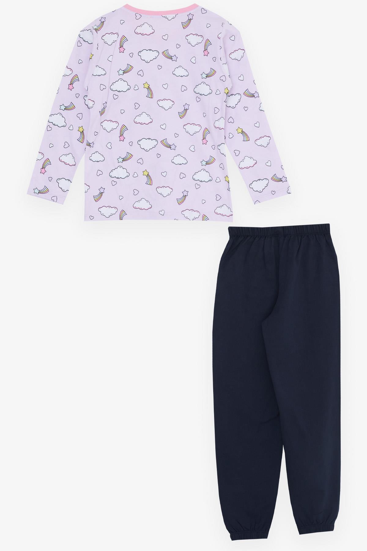 Breeze Kız Çocuk Pijama Takımı Gökyüzü Temalı Kalp Desenli Açık Lila (4-8 Yaş)