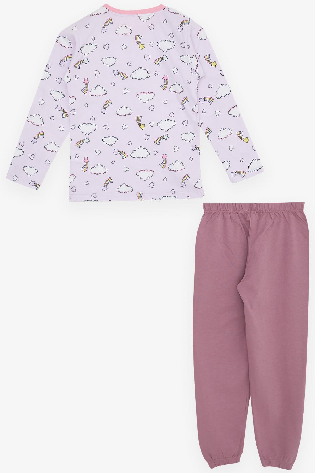 Breeze Kız Çocuk Pijama Takımı Gökyüzü Temalı Kalp Desenli Açık Lila (4-8 Yaş)