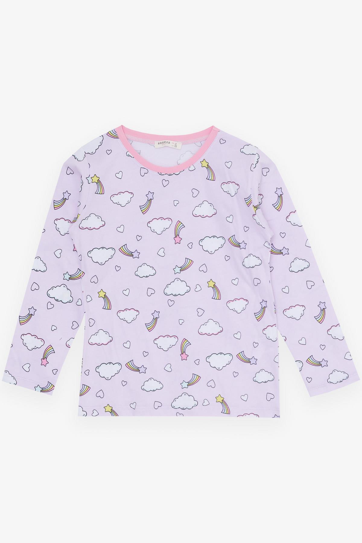 Breeze Kız Çocuk Pijama Takımı Gökyüzü Temalı Kalp Desenli Açık Lila (4-8 Yaş)