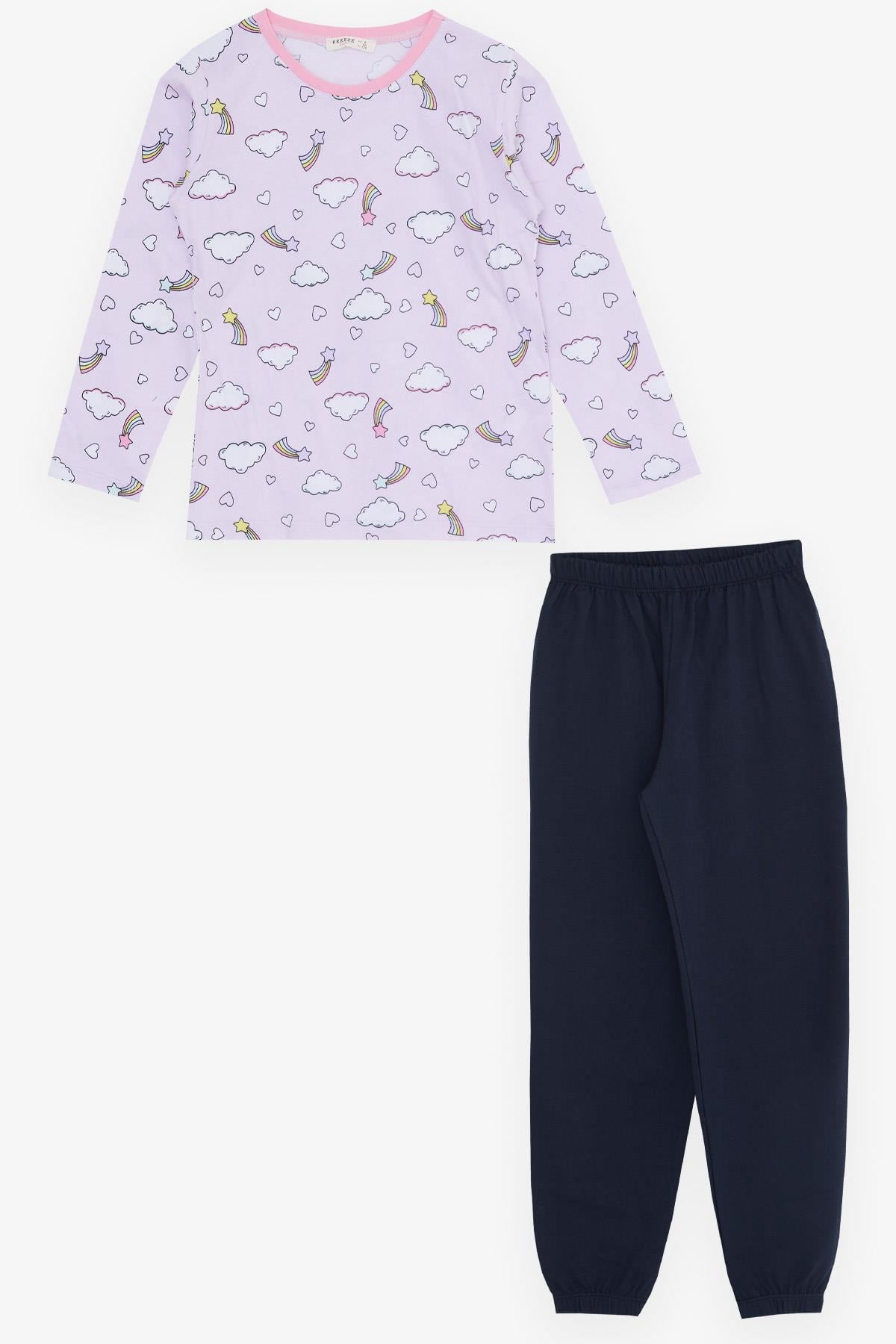 Breeze Kız Çocuk Pijama Takımı Gökyüzü Temalı Kalp Desenli Açık Lila (4-8 Yaş)