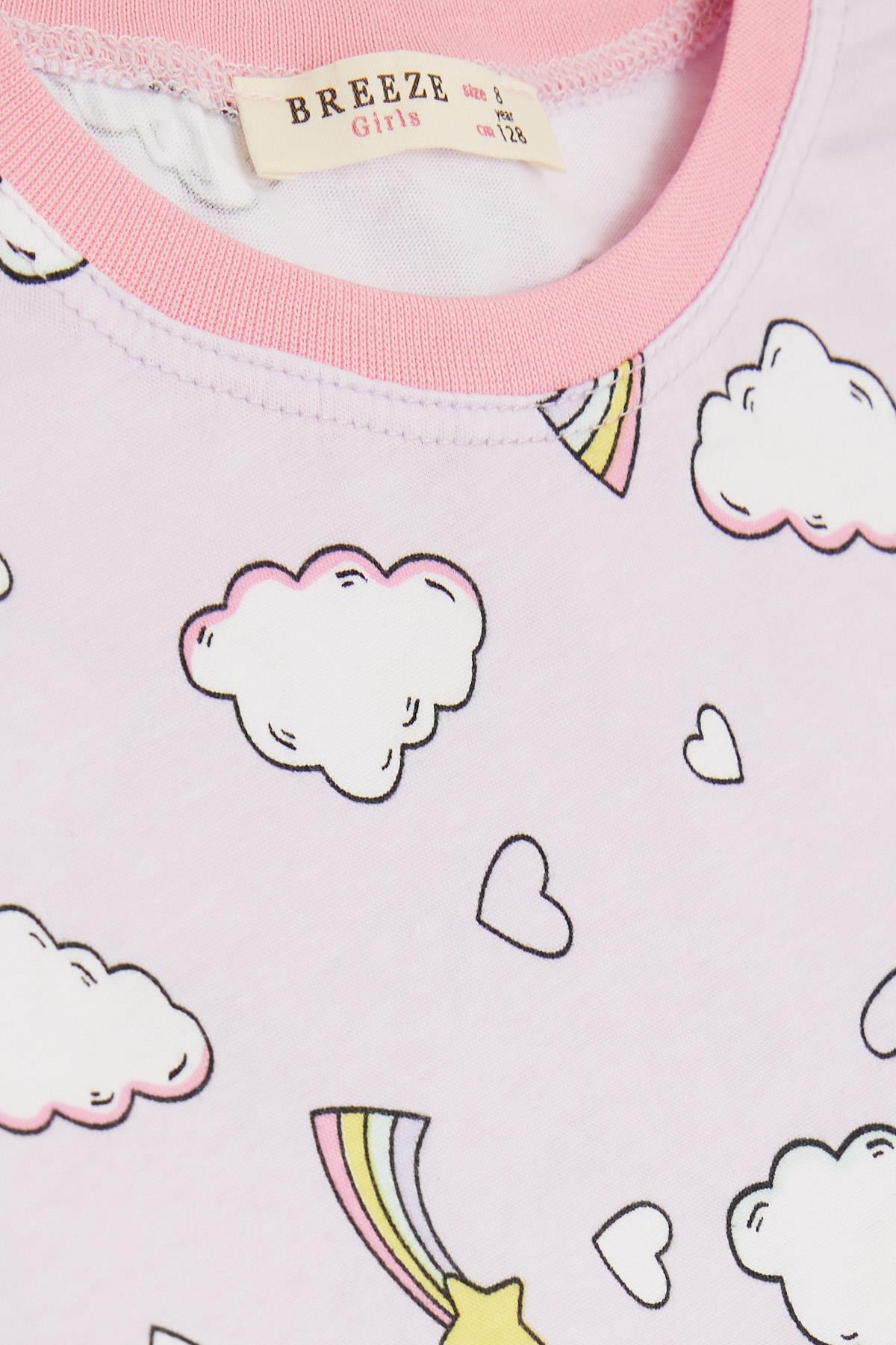 Breeze Kız Çocuk Pijama Takımı Gökyüzü Temalı Kalp Desenli Açık Lila (4-8 Yaş)