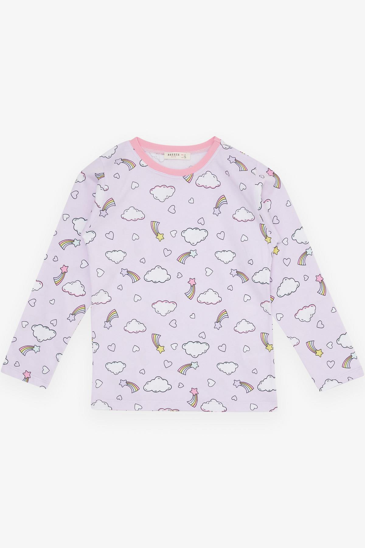 Breeze Kız Çocuk Pijama Takımı Gökyüzü Temalı Kalp Desenli Açık Lila (4-8 Yaş)
