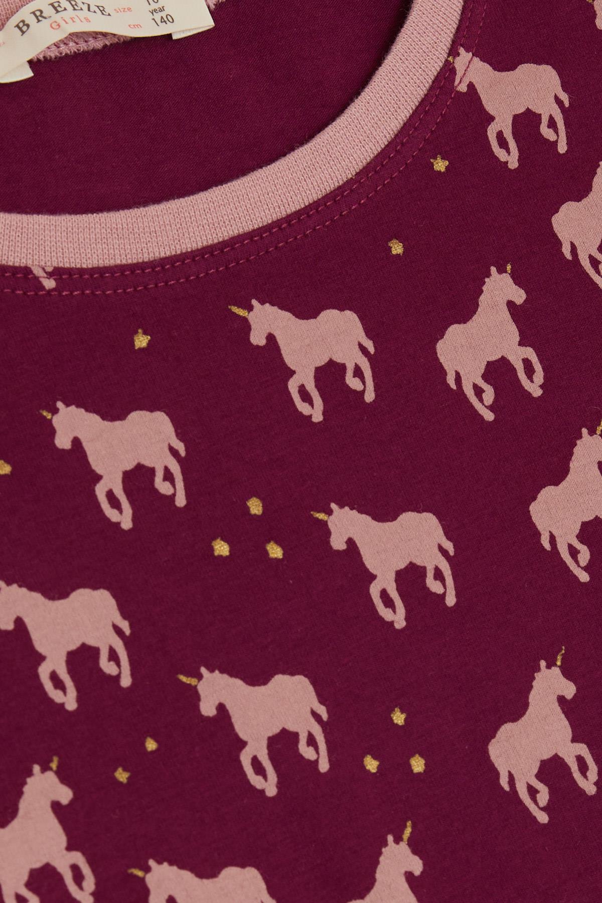 Breeze Kız Çocuk Pijama Takımı Havalı Unicorn Desenli Mürdüm (9-12 Yaş)