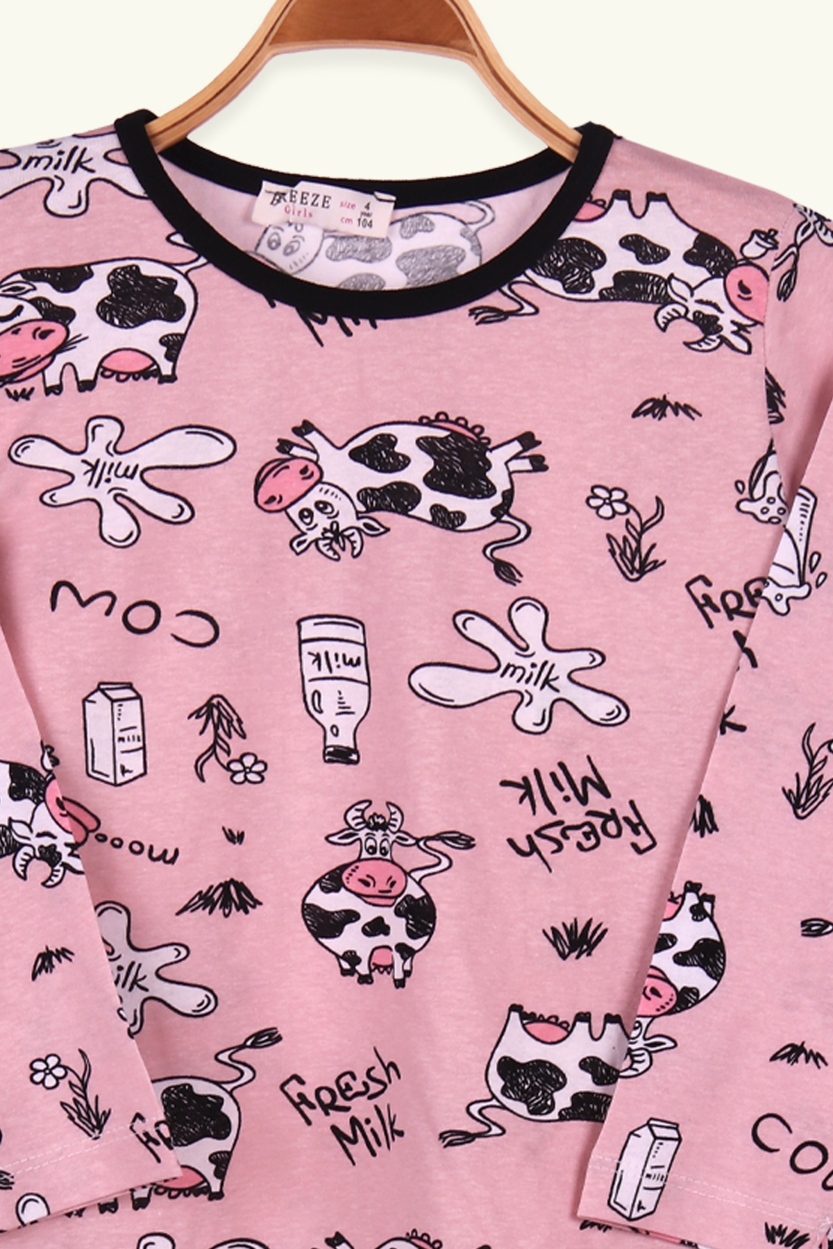Breeze Kız Çocuk Pijama Takımı İnek Desenli Gülkurusu (4-8 Yaş)