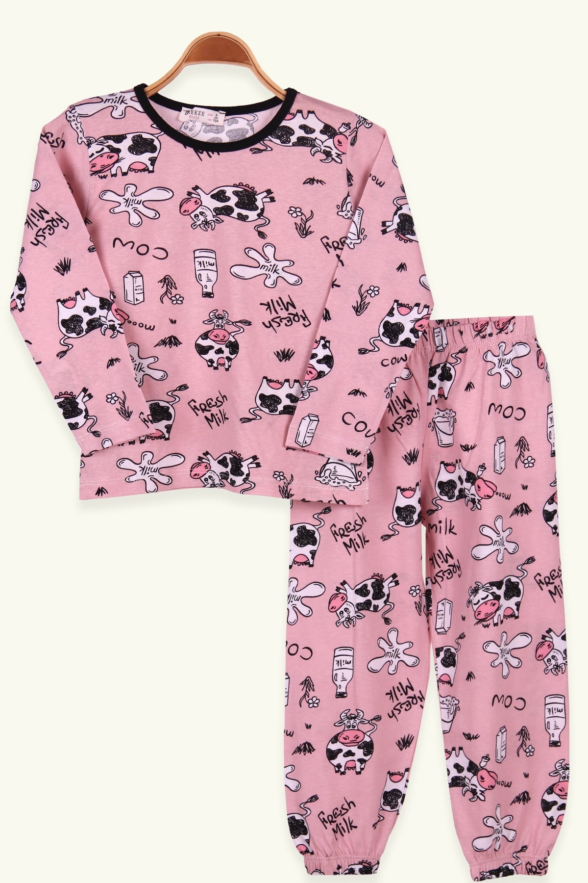 Breeze Kız Çocuk Pijama Takımı İnek Desenli Gülkurusu (4-8 Yaş)