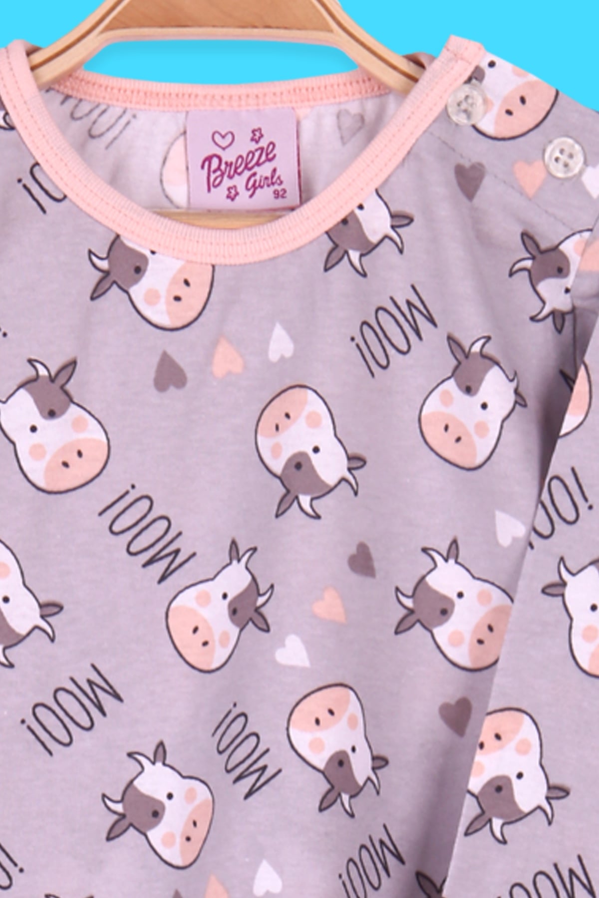 Breeze Kız Çocuk Pijama Takımı İnek Desenli Füme (2-6 Yaş)