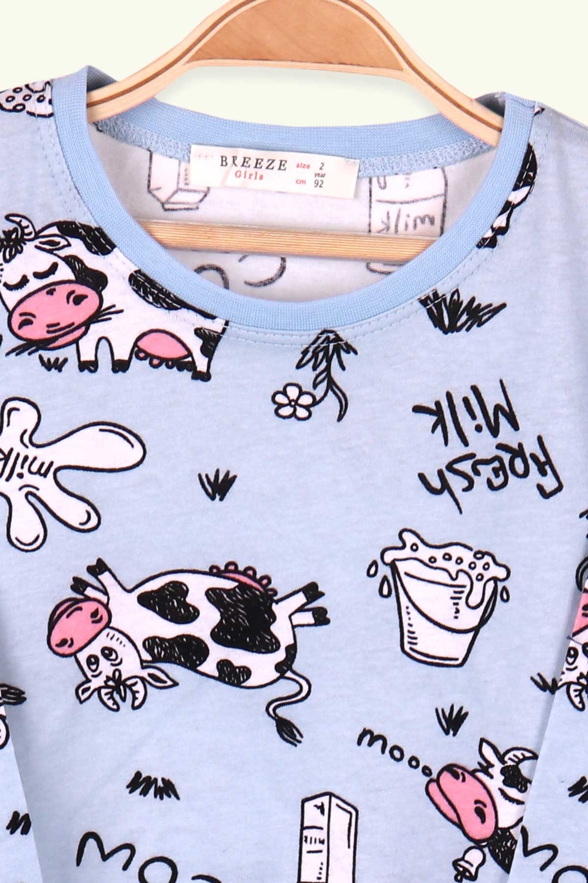 Breeze Kız Çocuk Pijama Takımı İnek Desenli Bebe Mavisi (2-6 Yaş)