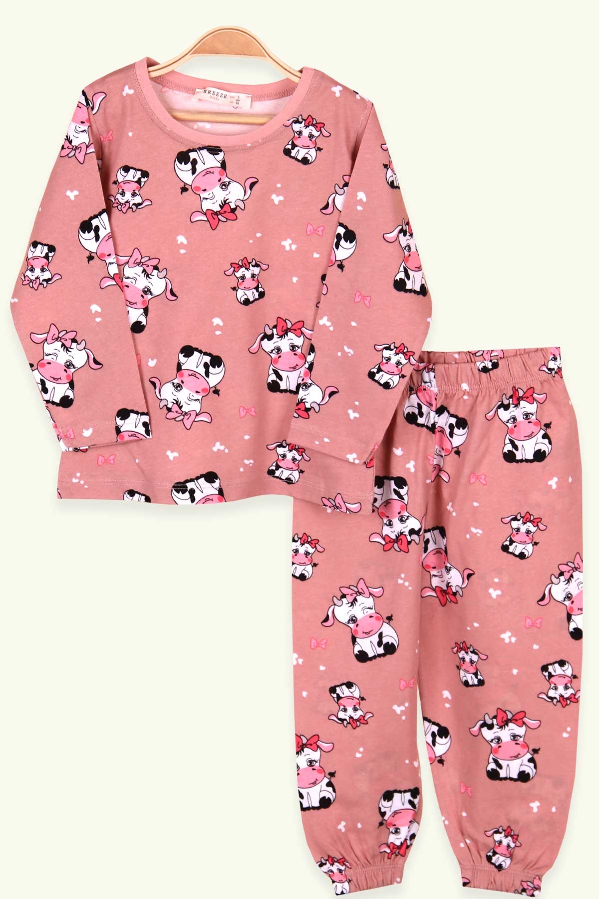Breeze Kız Çocuk Pijama Takımı İnek Desenli Gülkurusu (2-6 Yaş)