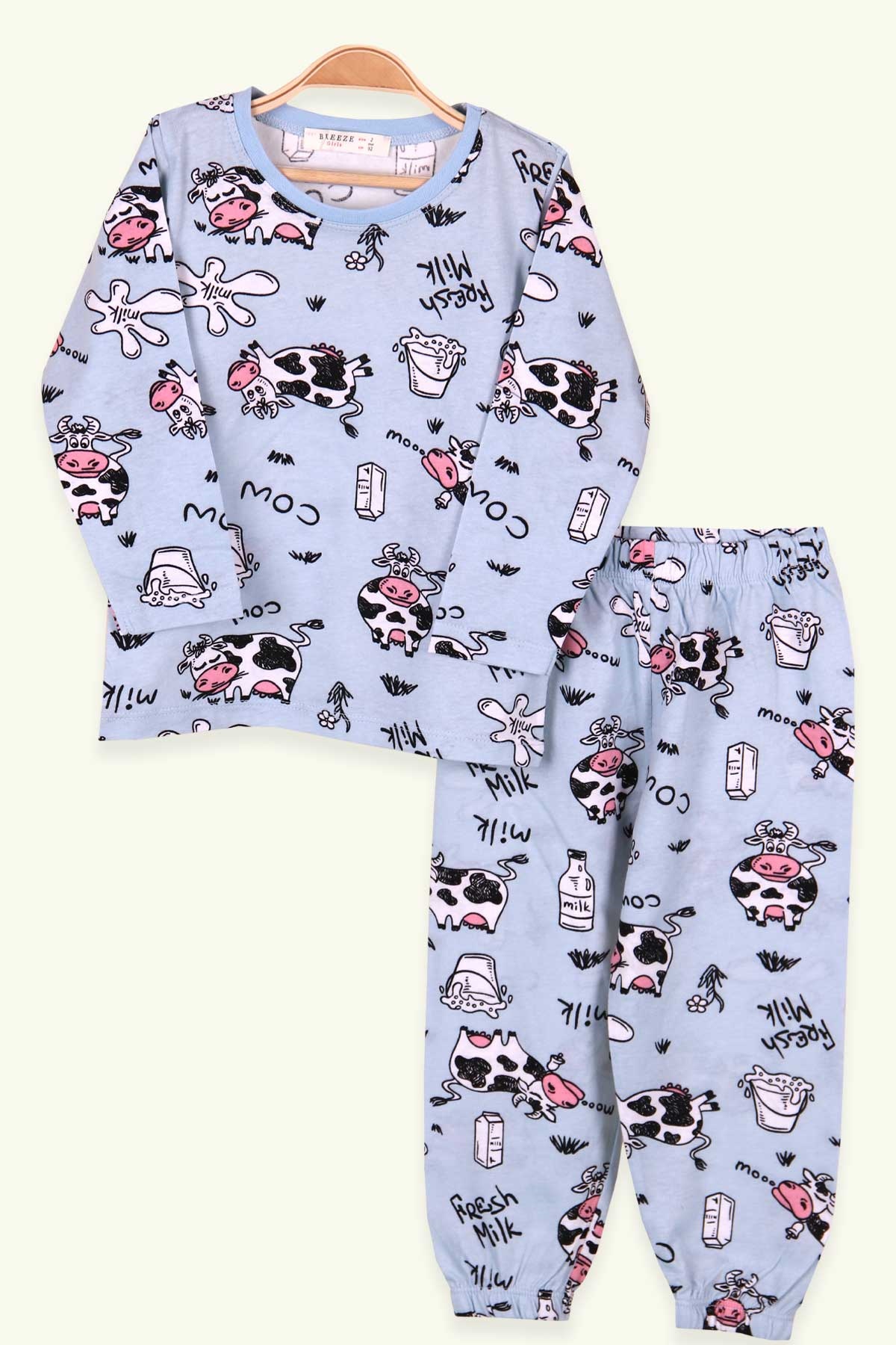 Breeze Kız Çocuk Pijama Takımı İnek Desenli Bebe Mavisi (2-6 Yaş)