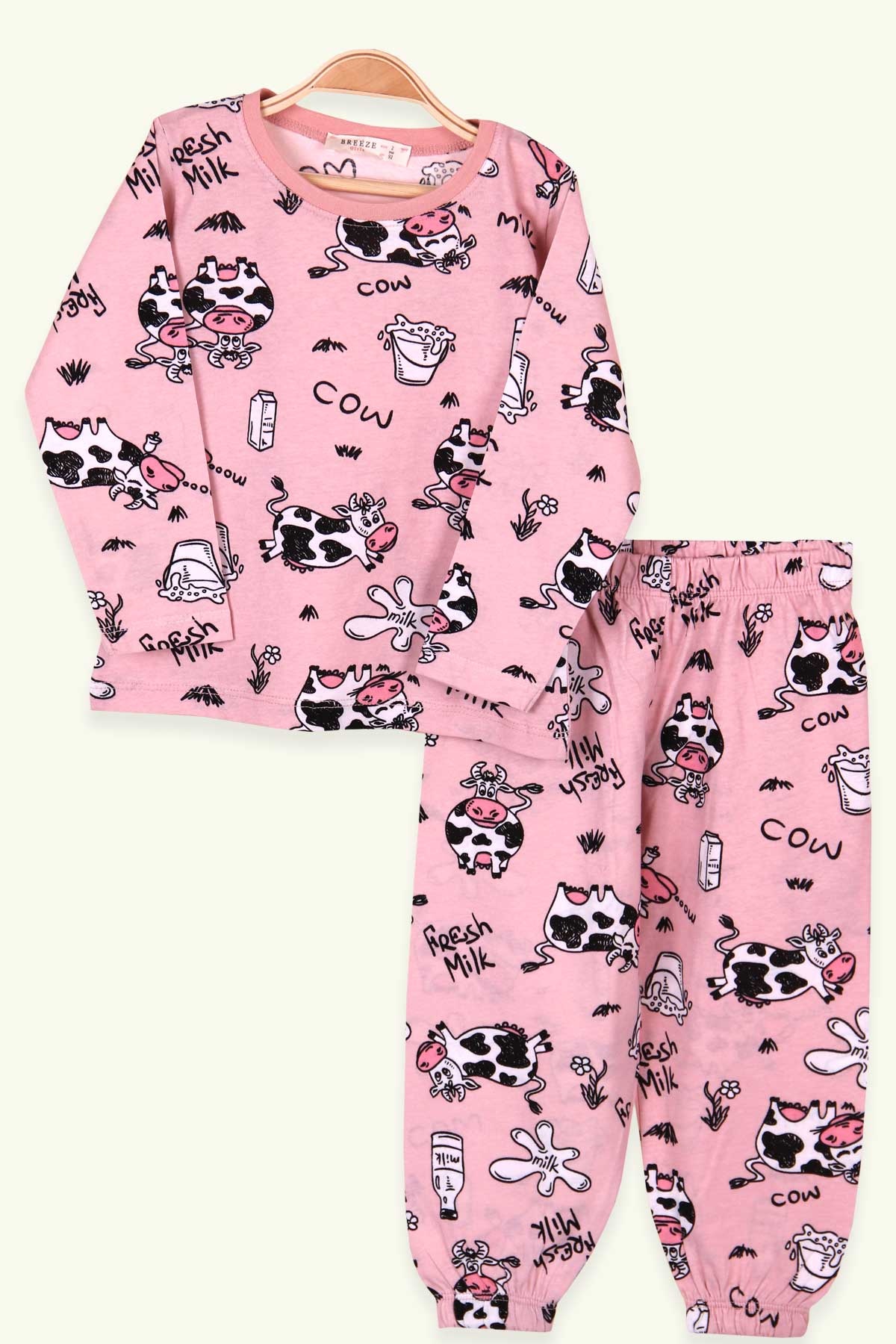 Breeze Kız Çocuk Pijama Takımı İnek Desenli Pudra (2-6 Yaş)