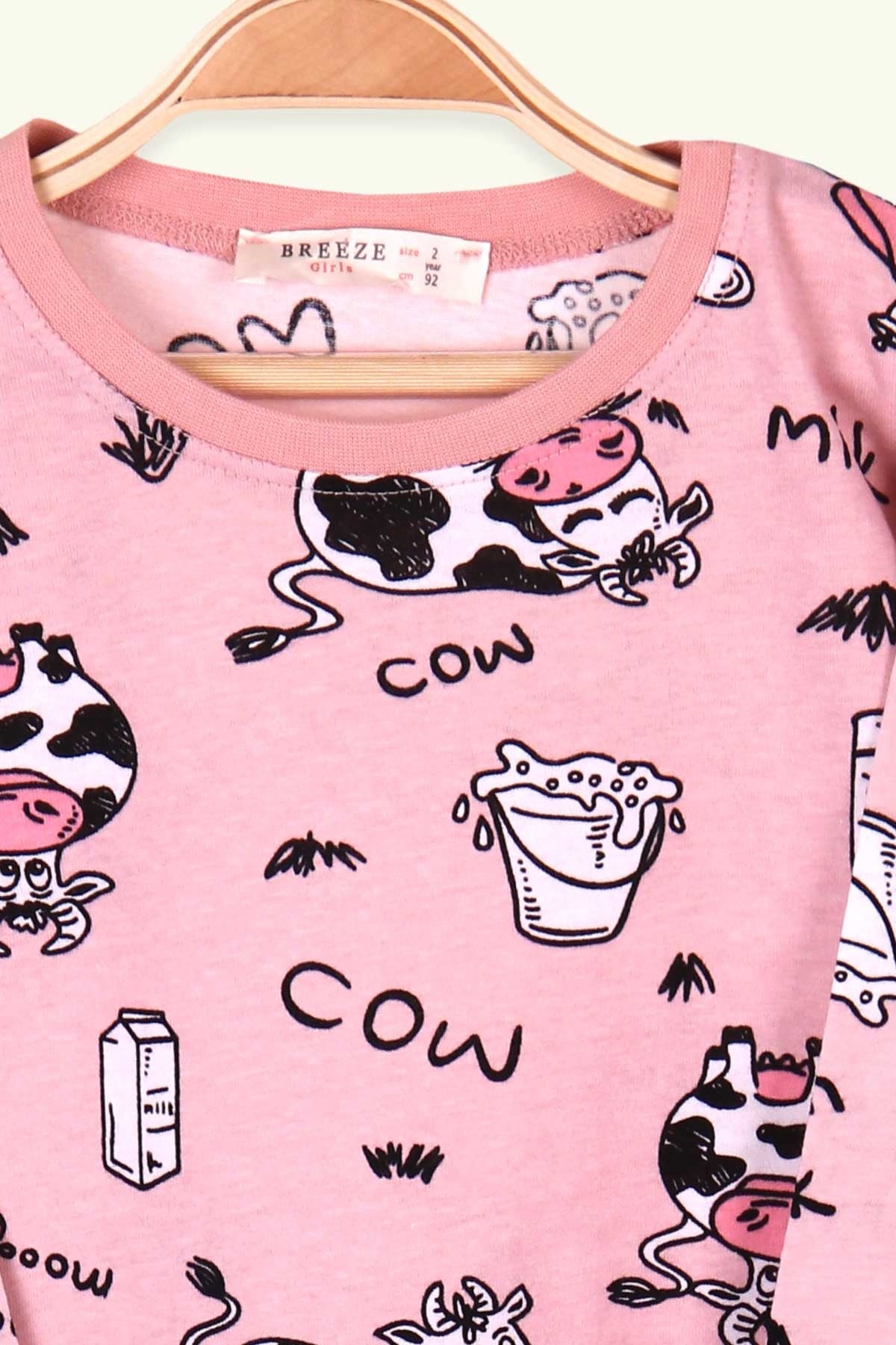 Breeze Kız Çocuk Pijama Takımı İnek Desenli Pudra (2-6 Yaş)