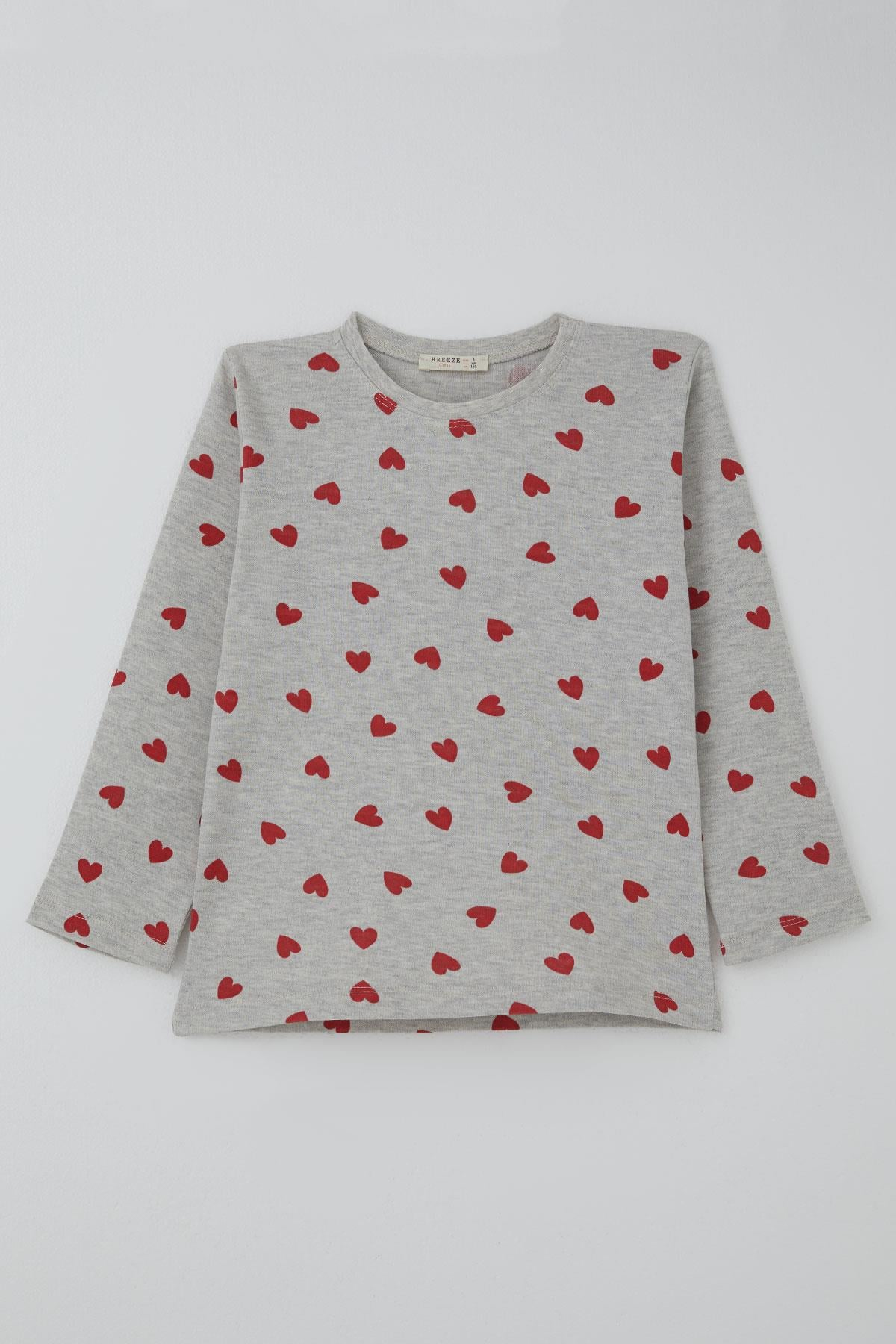 Breeze Kız Çocuk Pijama Takımı Kalp Desenli Açık Gri Melanj (4-7 Yaş)