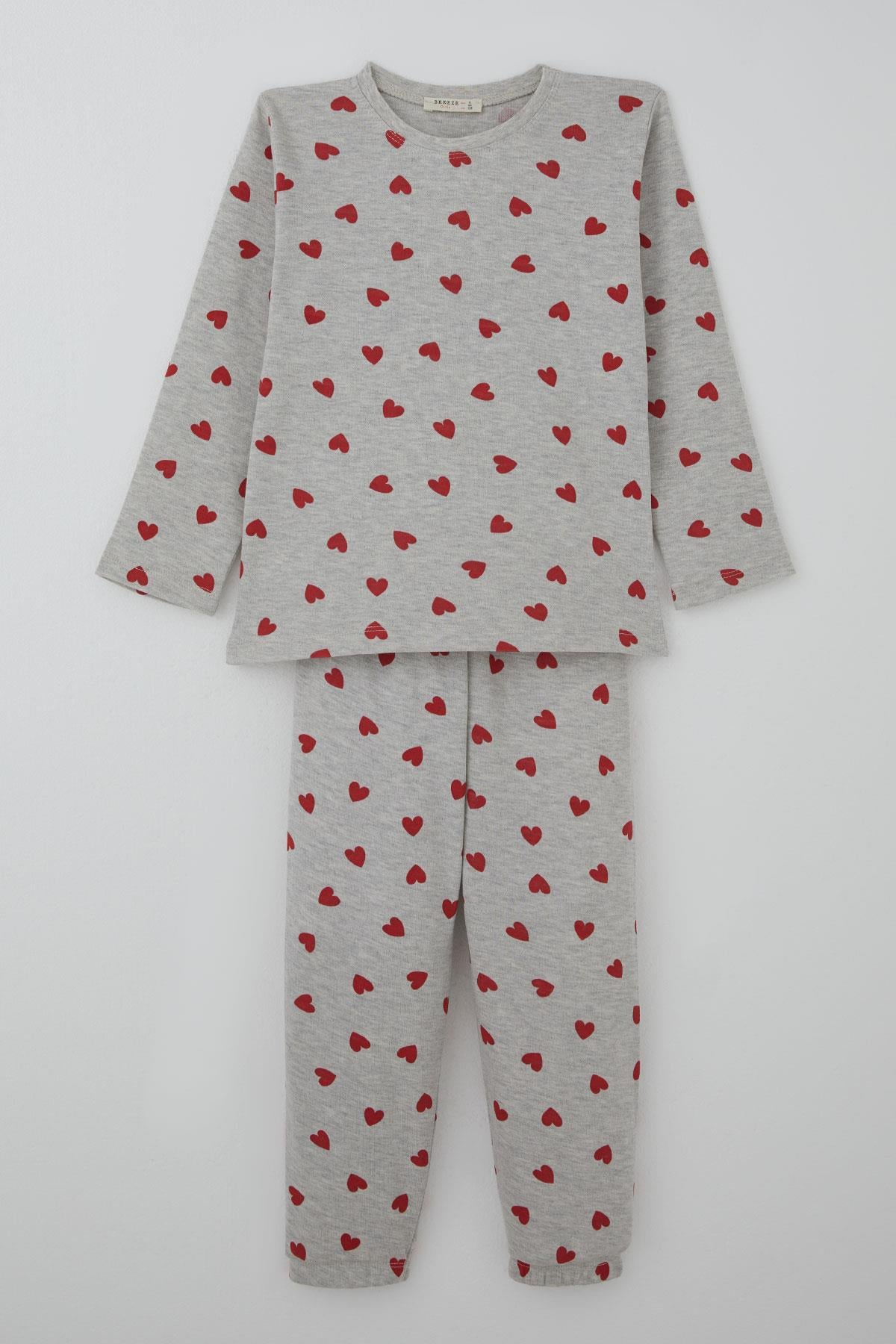 Breeze Kız Çocuk Pijama Takımı Kalp Desenli Açık Gri Melanj (4-7 Yaş)
