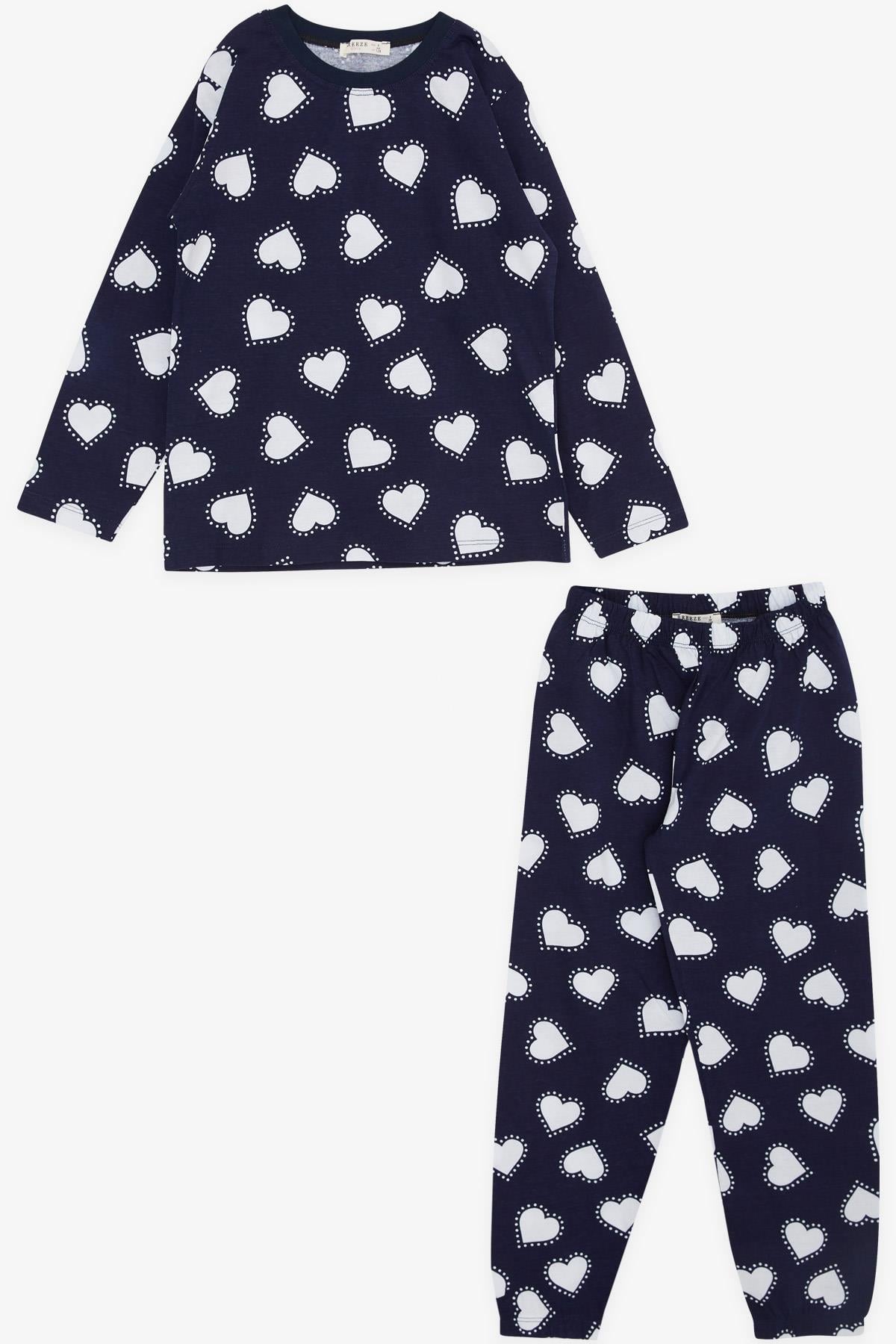 Breeze Kız Çocuk Pijama Takımı Kalp Desenli Lacivert (4-8 Yaş)
