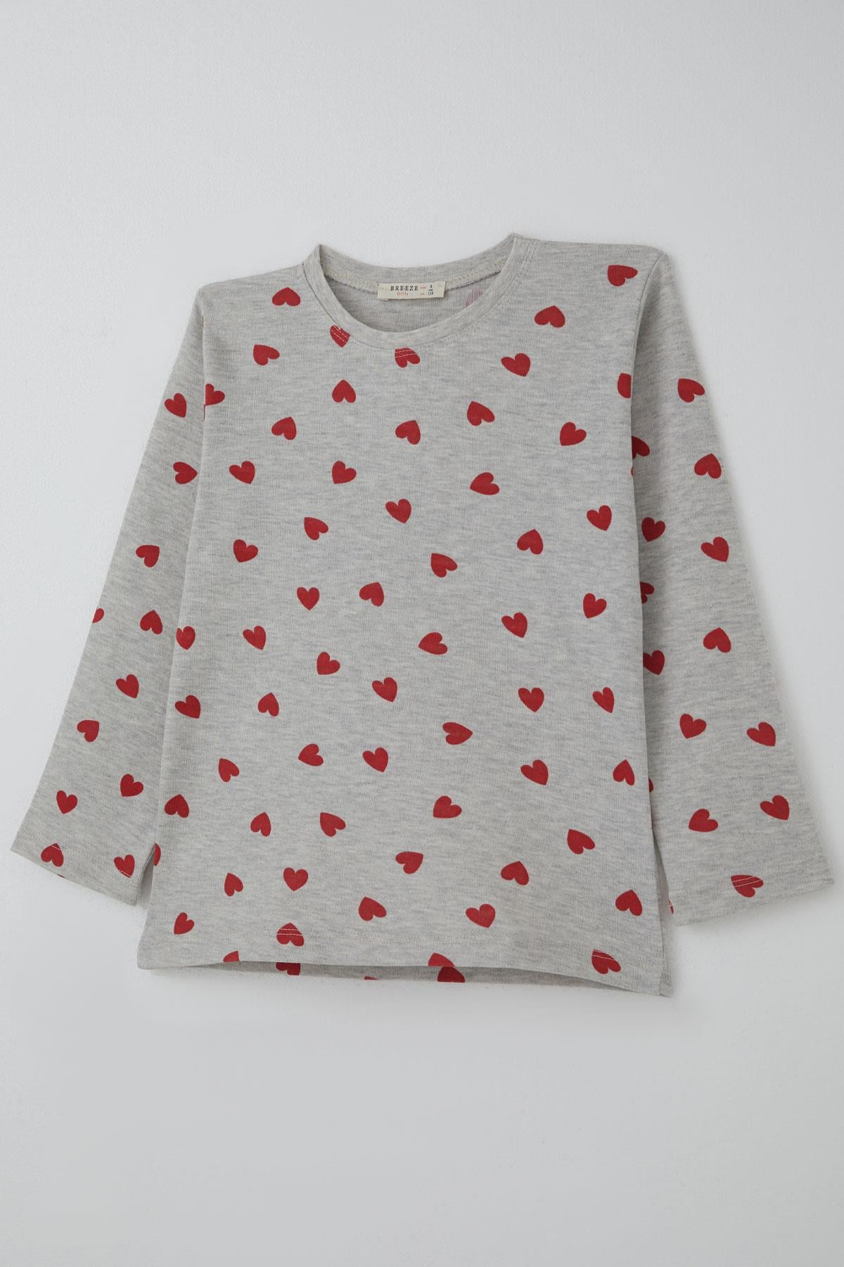 Breeze Kız Çocuk Pijama Takımı Kalp Desenli Açık Gri Melanj (4-7 Yaş)