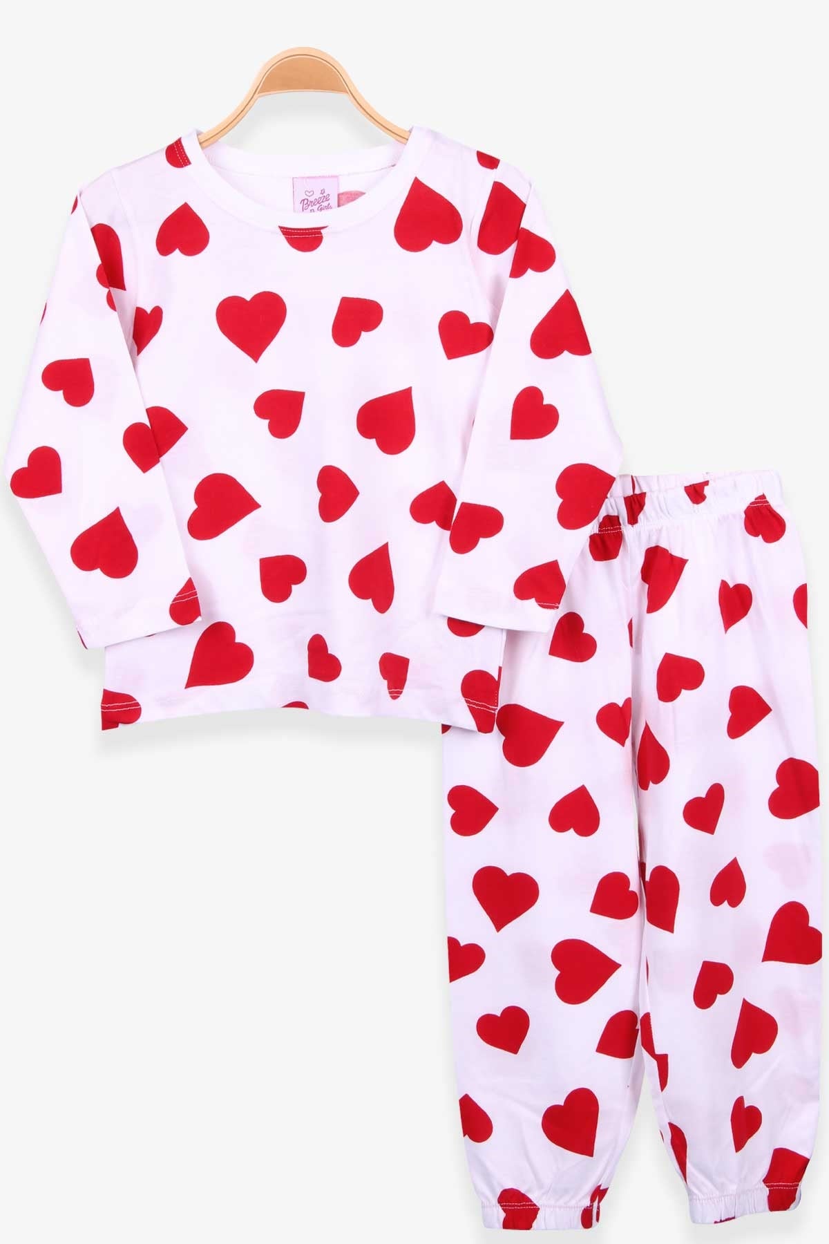 Breeze Kız Çocuk Pijama Takımı Kalp Desenli Beyaz (4-8 Yaş)