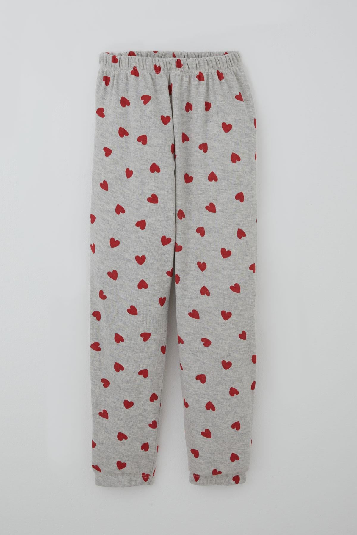 Breeze Kız Çocuk Pijama Takımı Kalp Desenli Açık Gri Melanj (4-7 Yaş)