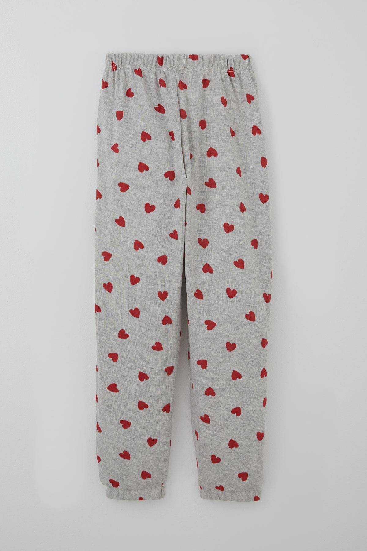 Breeze Kız Çocuk Pijama Takımı Kalp Desenli Açık Gri Melanj (4-7 Yaş)