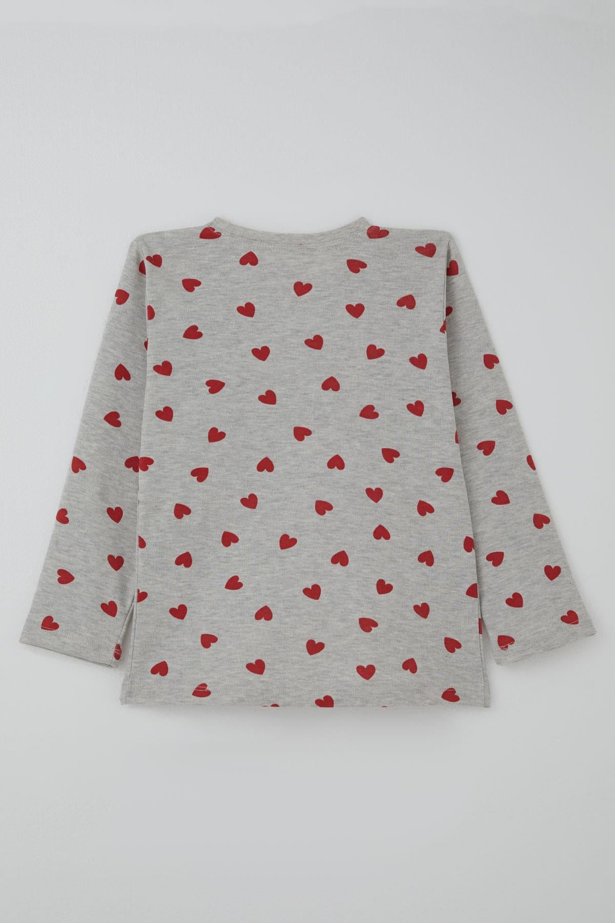 Breeze Kız Çocuk Pijama Takımı Kalp Desenli Açık Gri Melanj (4-7 Yaş)