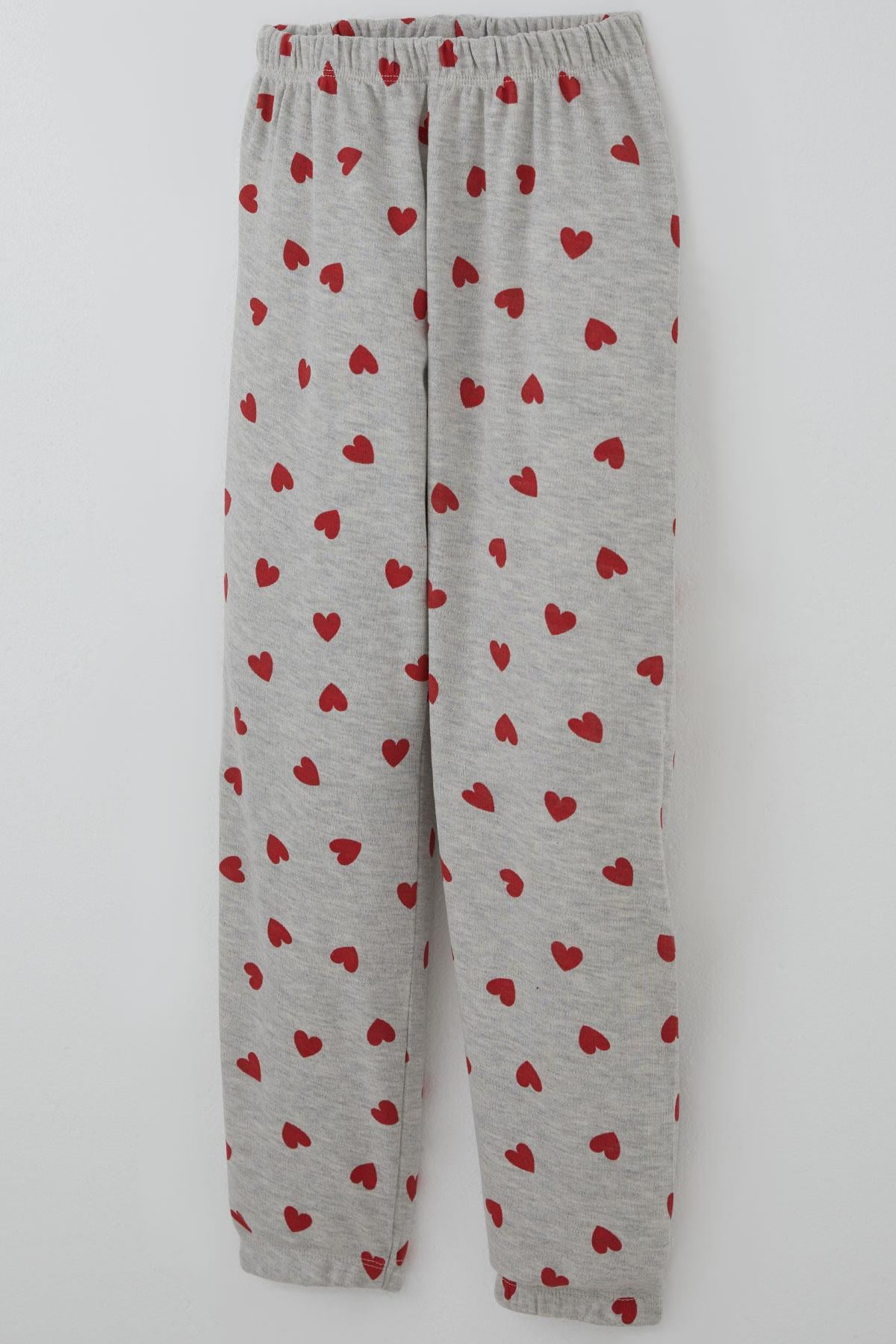 Breeze Kız Çocuk Pijama Takımı Kalp Desenli Açık Gri Melanj (4-7 Yaş)