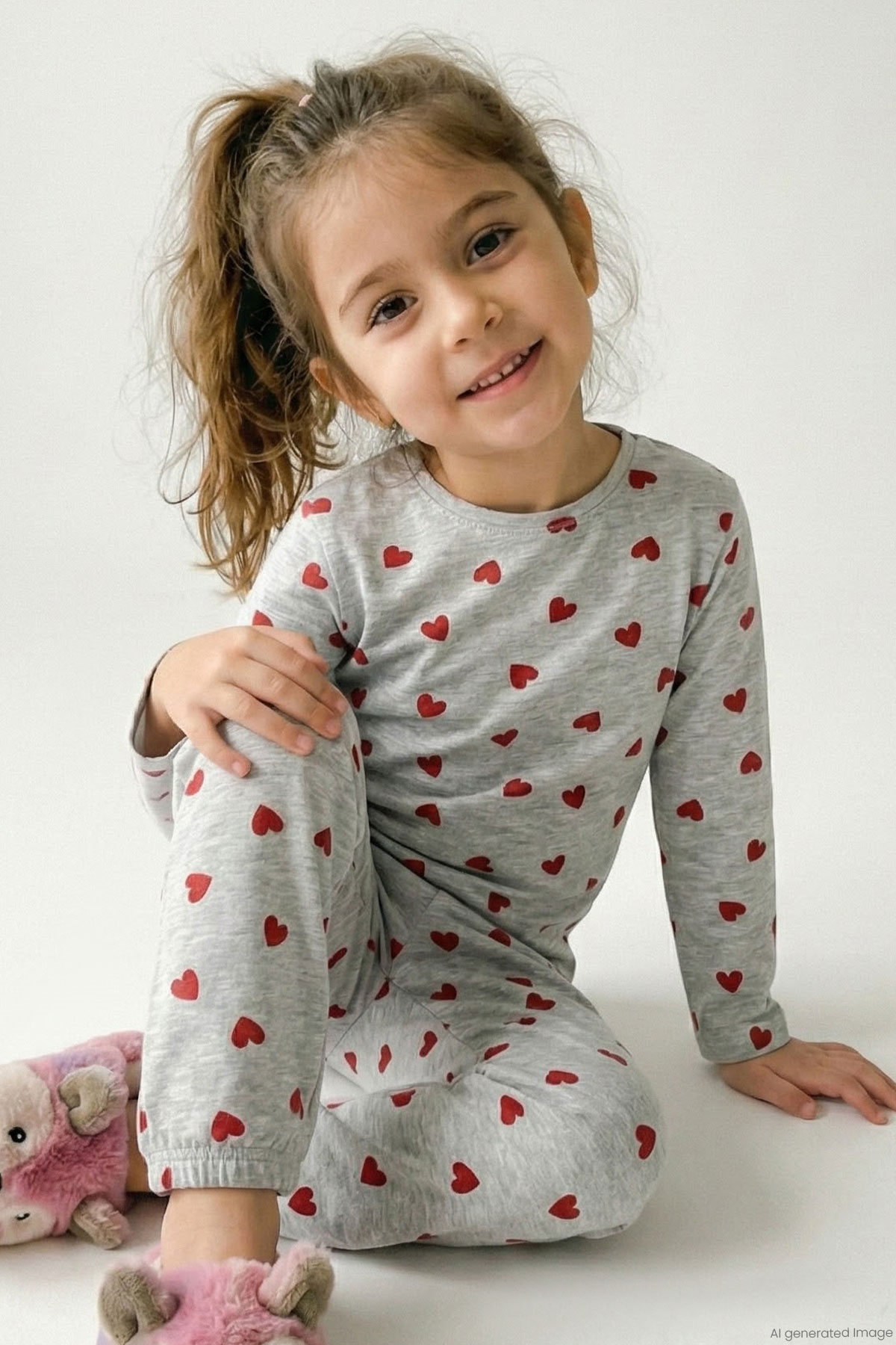 Breeze Kız Çocuk Pijama Takımı Kalp Desenli Açık Gri Melanj (4-7 Yaş)