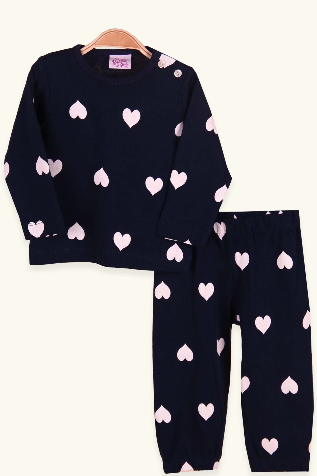 Breeze Kız Çocuk Pijama Takımı Kalp Desenli Lacivert (1-4 Yaş)