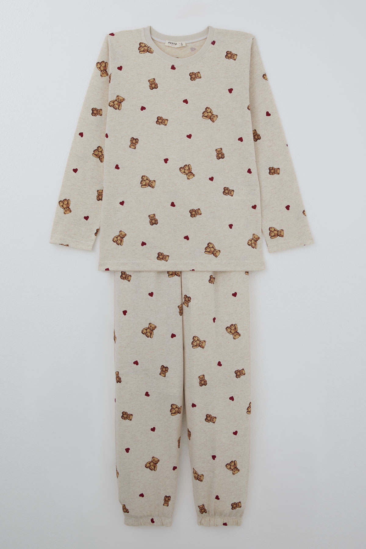 Breeze Kız Çocuk Pijama Takımı Kalp & Sevimli Oyuncak Ayıcık Desenli Bej Melanj (4-8 Yaş)