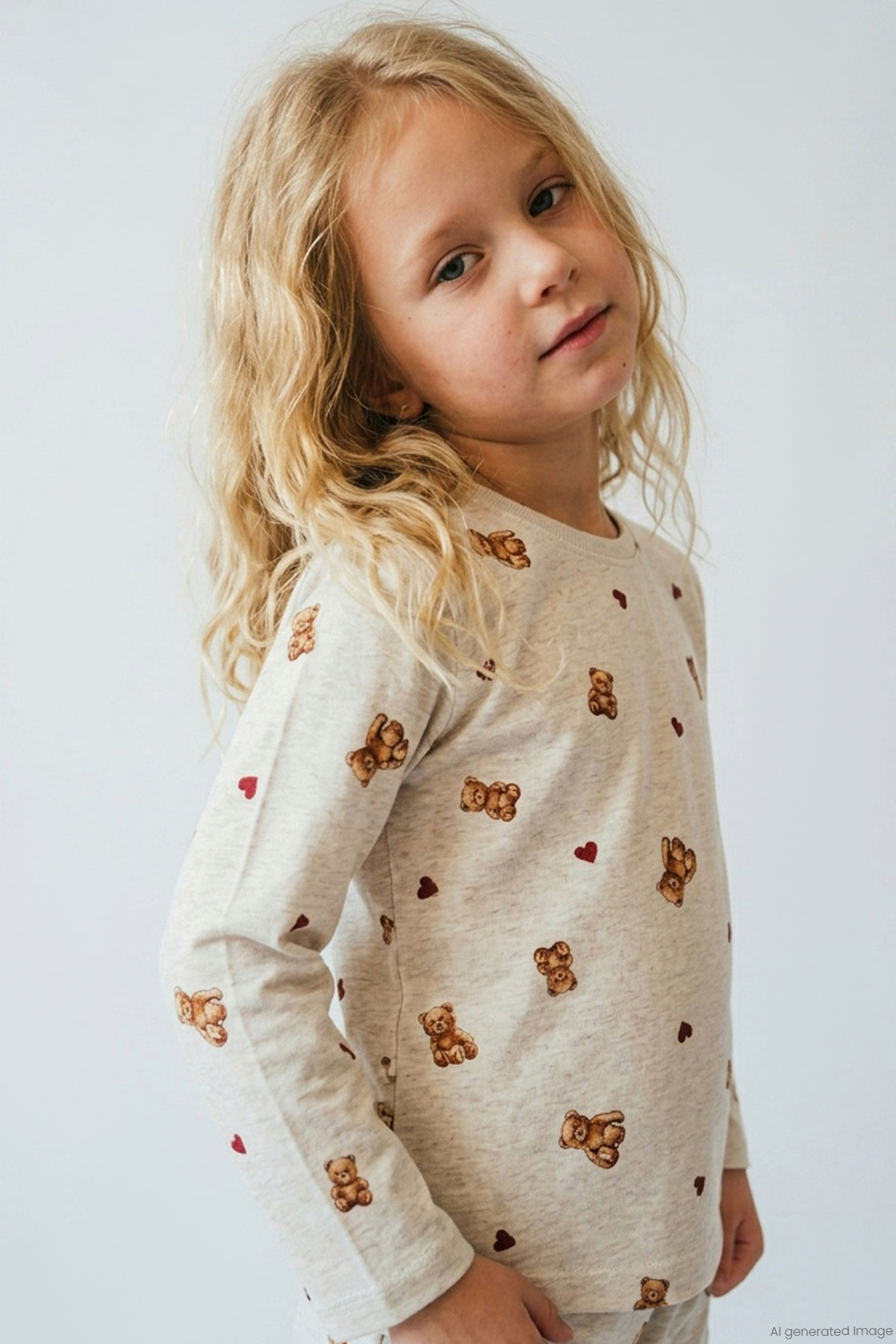 Breeze Kız Çocuk Pijama Takımı Kalp & Sevimli Oyuncak Ayıcık Desenli Bej Melanj (4-8 Yaş)