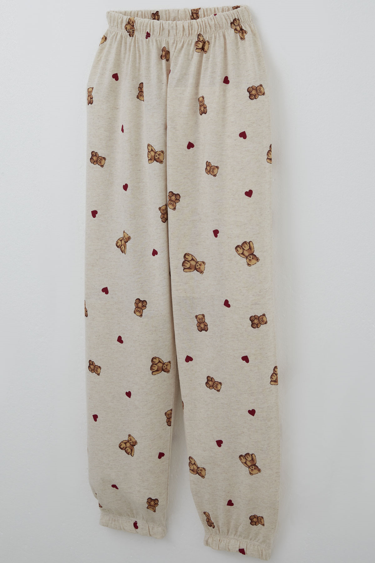 Breeze Kız Çocuk Pijama Takımı Kalp & Sevimli Oyuncak Ayıcık Desenli Bej Melanj (4-8 Yaş)
