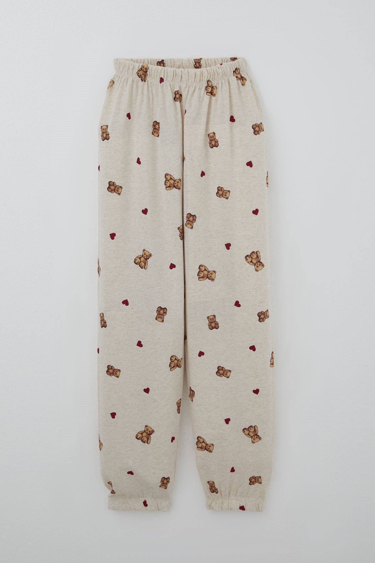 Breeze Kız Çocuk Pijama Takımı Kalp & Sevimli Oyuncak Ayıcık Desenli Bej Melanj (4-8 Yaş)