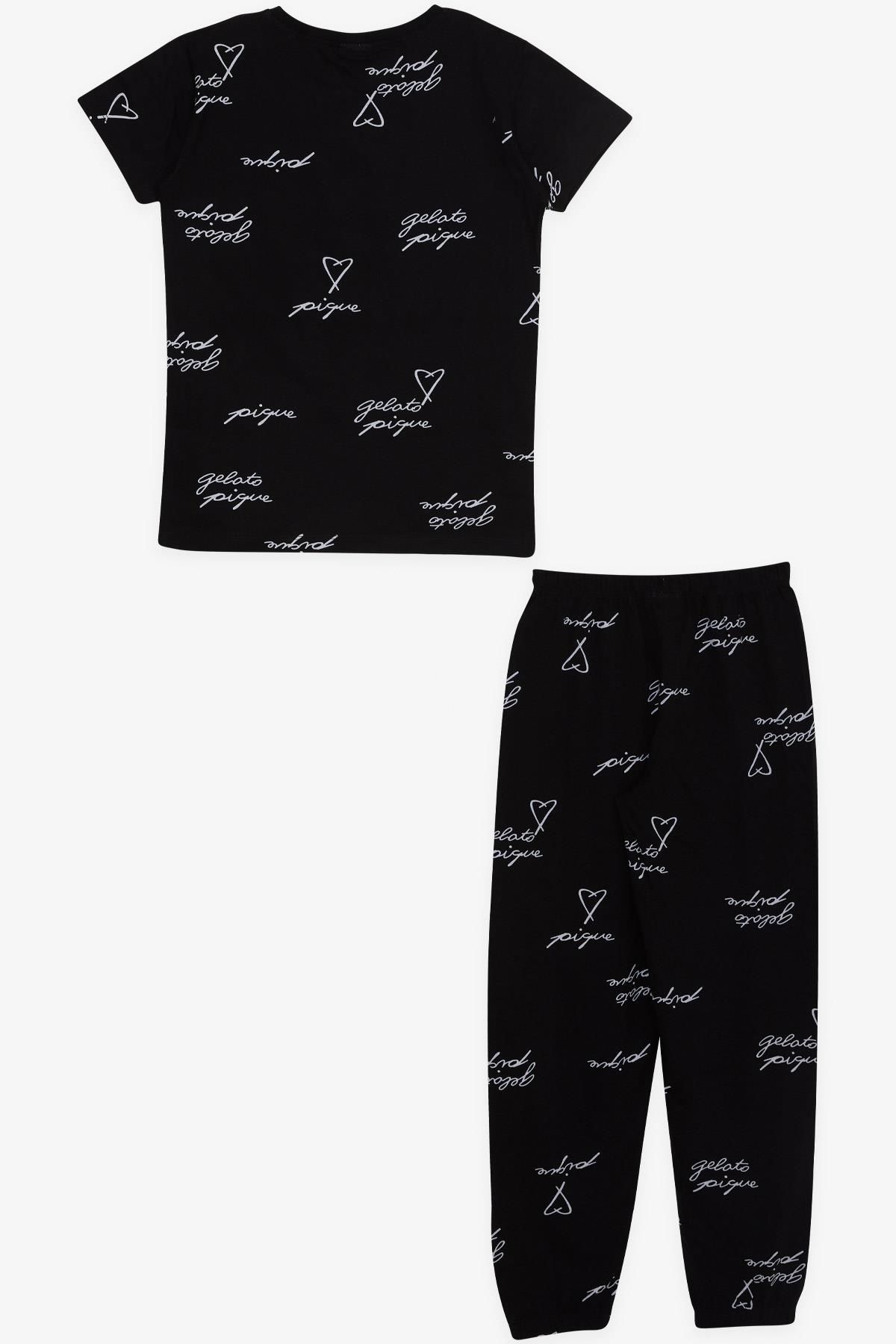 Breeze Kız Çocuk Pijama Takımı Kalpli Yazı Desenli Siyah (9-14 Yaş)