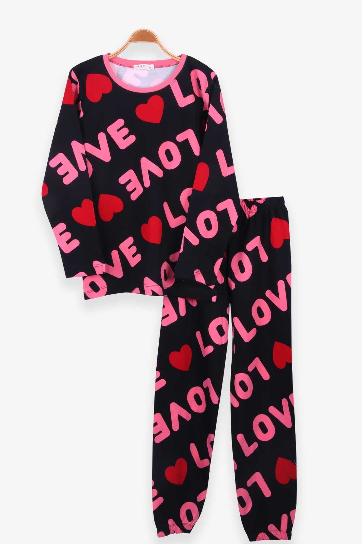 Breeze Kız Çocuk Pijama Takımı Kalpli Siyah (9-12 Yaş)
