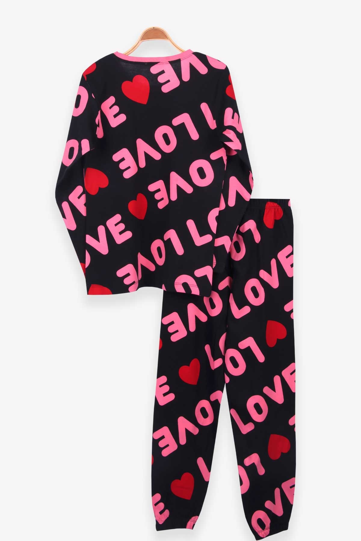 Breeze Kız Çocuk Pijama Takımı Kalpli Siyah (9-12 Yaş)
