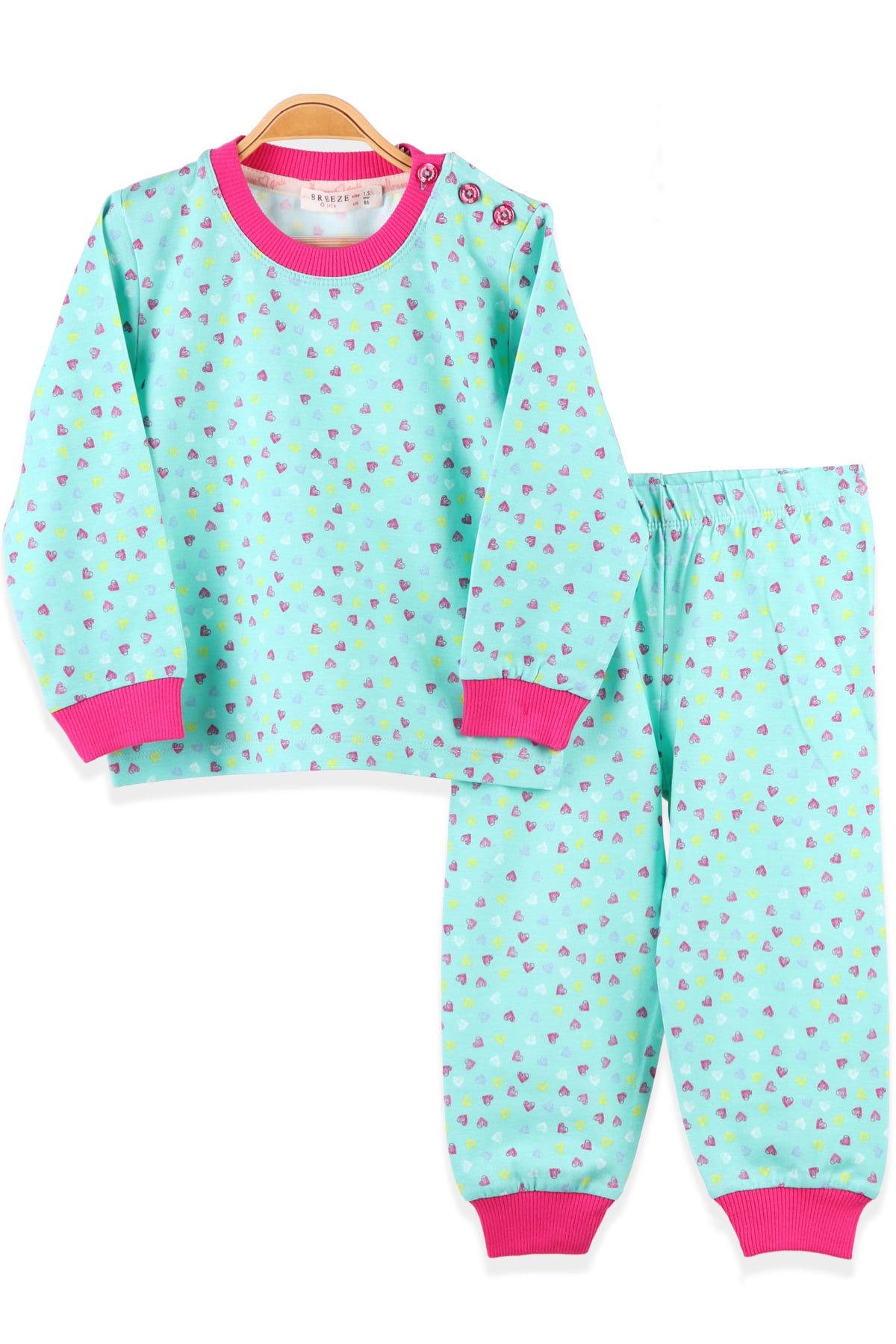 BREEZE Kız Çocuk Pijama Takımı Kalpli Yeşil (1.5-5 Yaş)