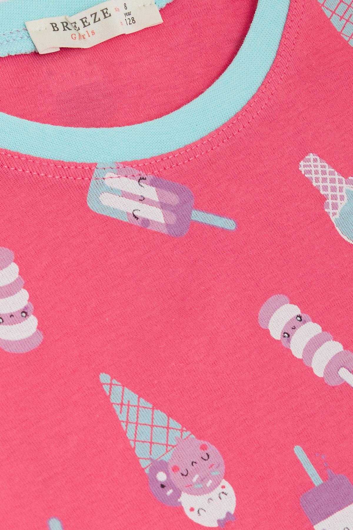 Breeze Kız Çocuk Pijama Takımı Kawaii Dondurma Desenli Mercan (4-8 Yaş)