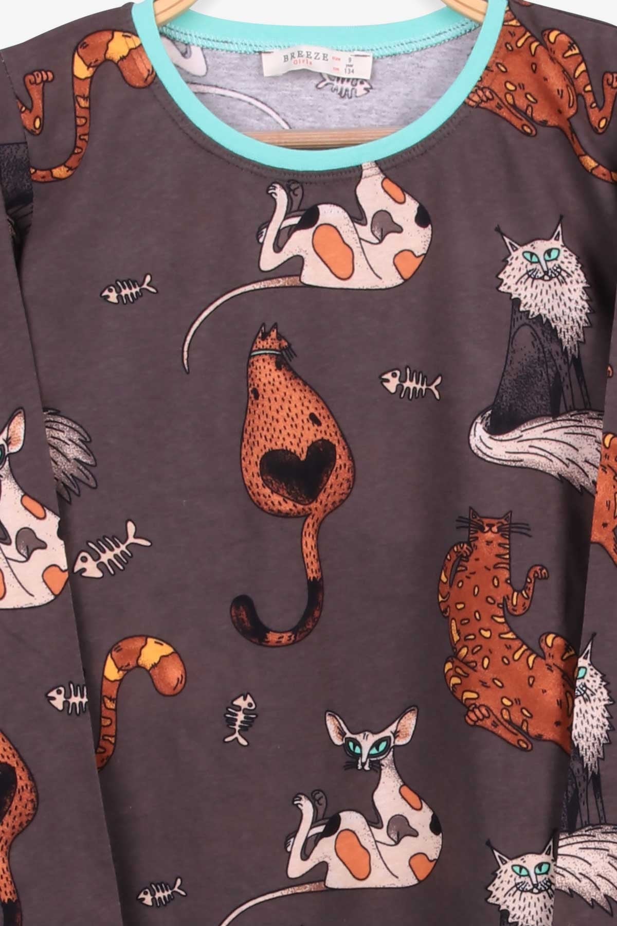 Breeze Kız Çocuk Pijama Takımı Kedi Baskılı Füme (9-12 Yaş)