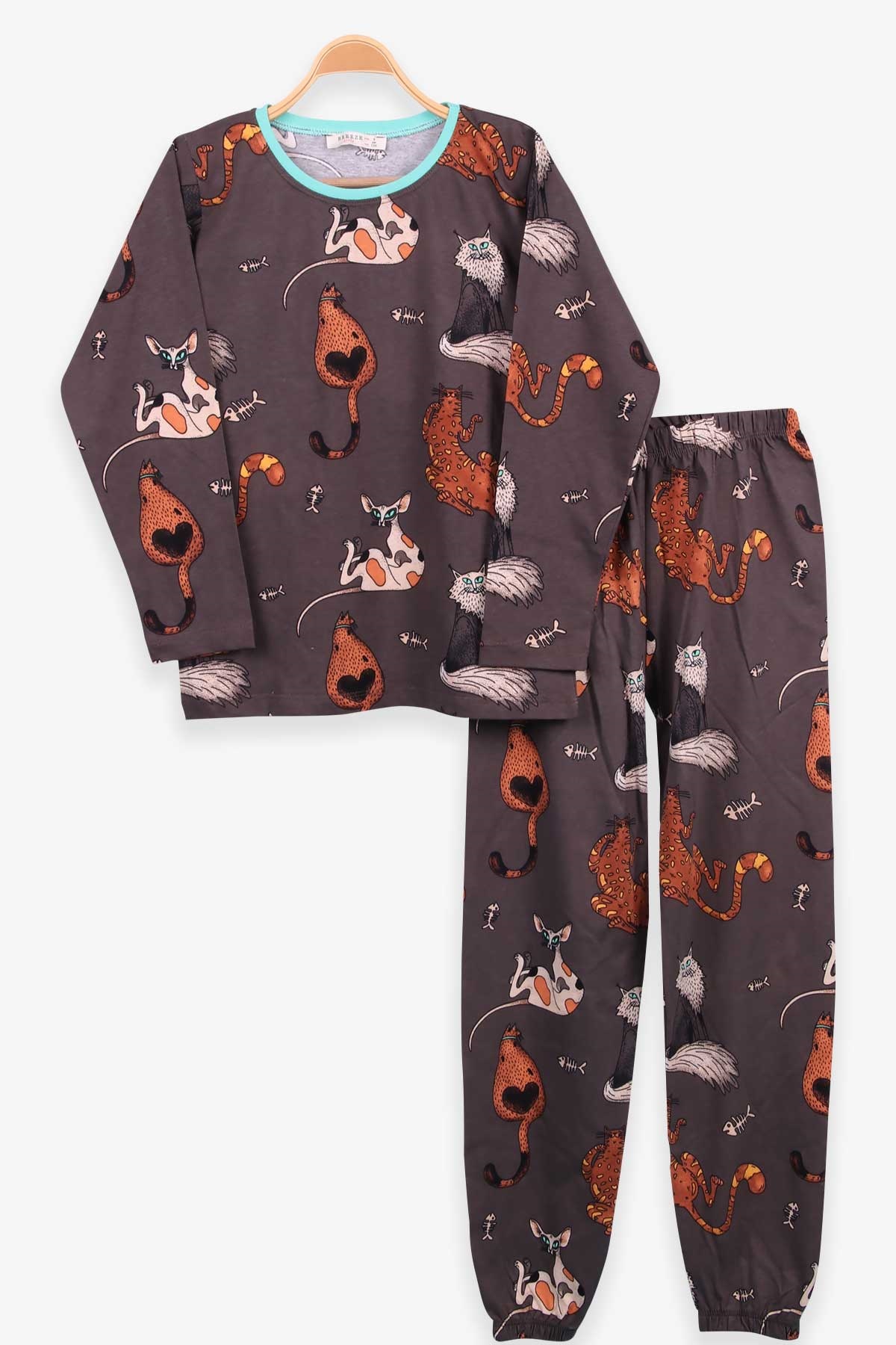 Breeze Kız Çocuk Pijama Takımı Kedi Baskılı Füme (9-12 Yaş)