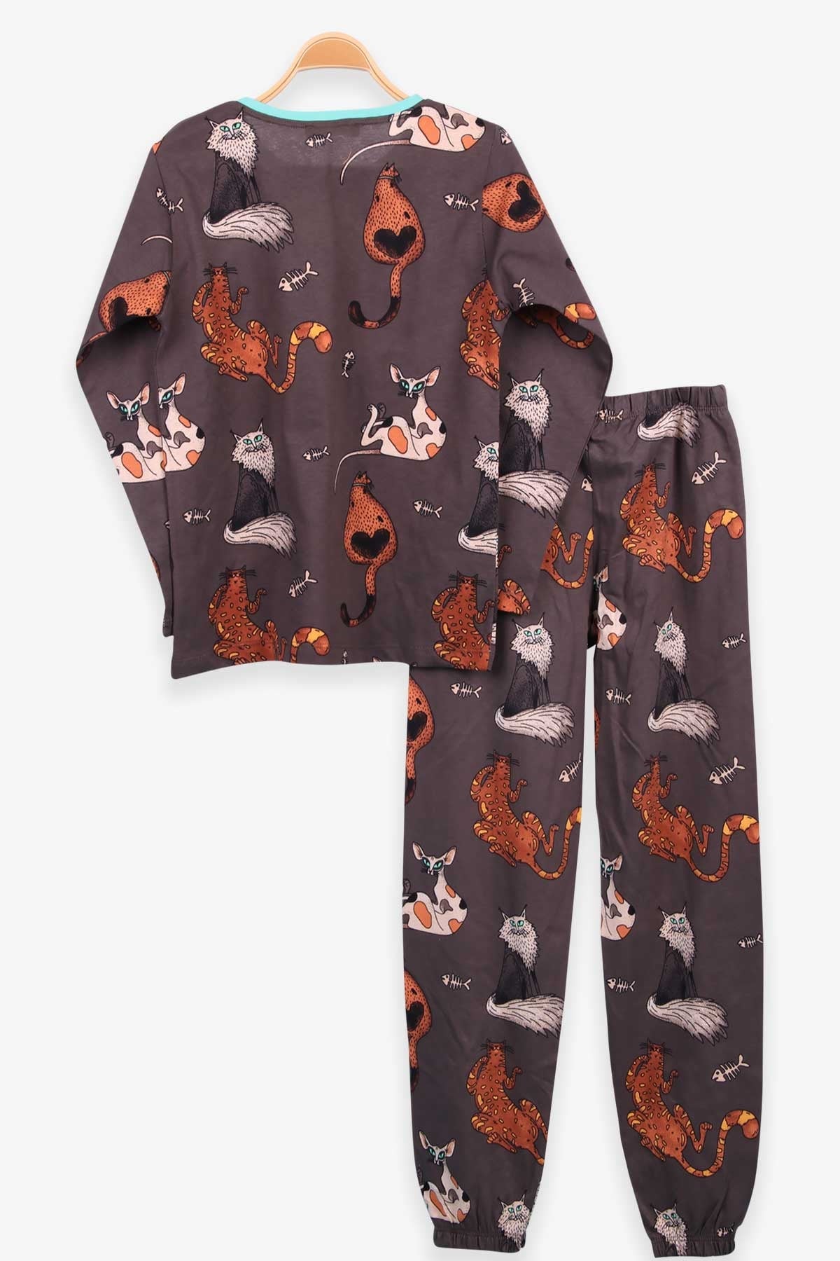 Breeze Kız Çocuk Pijama Takımı Kedi Baskılı Füme (9-12 Yaş)