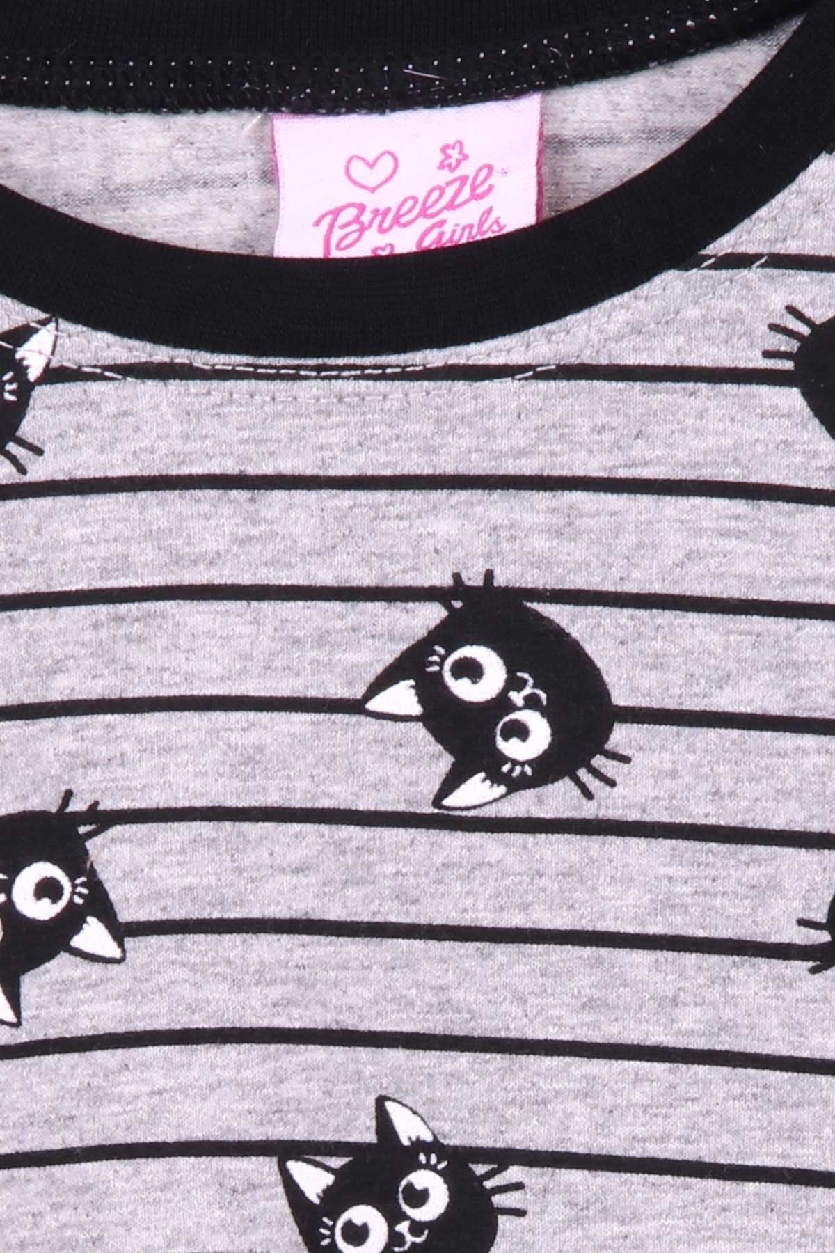 Breeze Kız Çocuk Pijama Takımı Kedi Desenli Gri Melanj (4-8 Yaş)