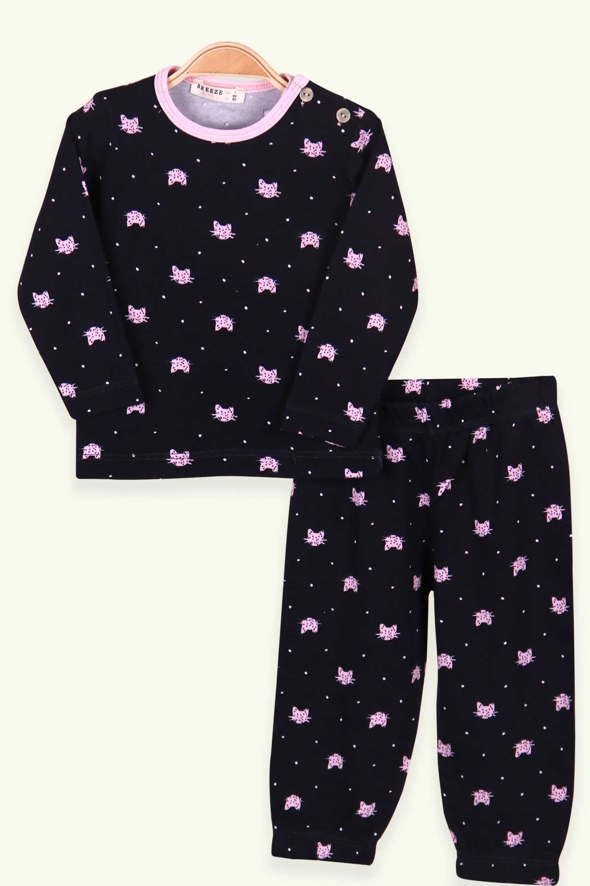 Breeze Kız Çocuk Pijama Takımı Kedi Desenli Lacivert (1-4 Yaş)