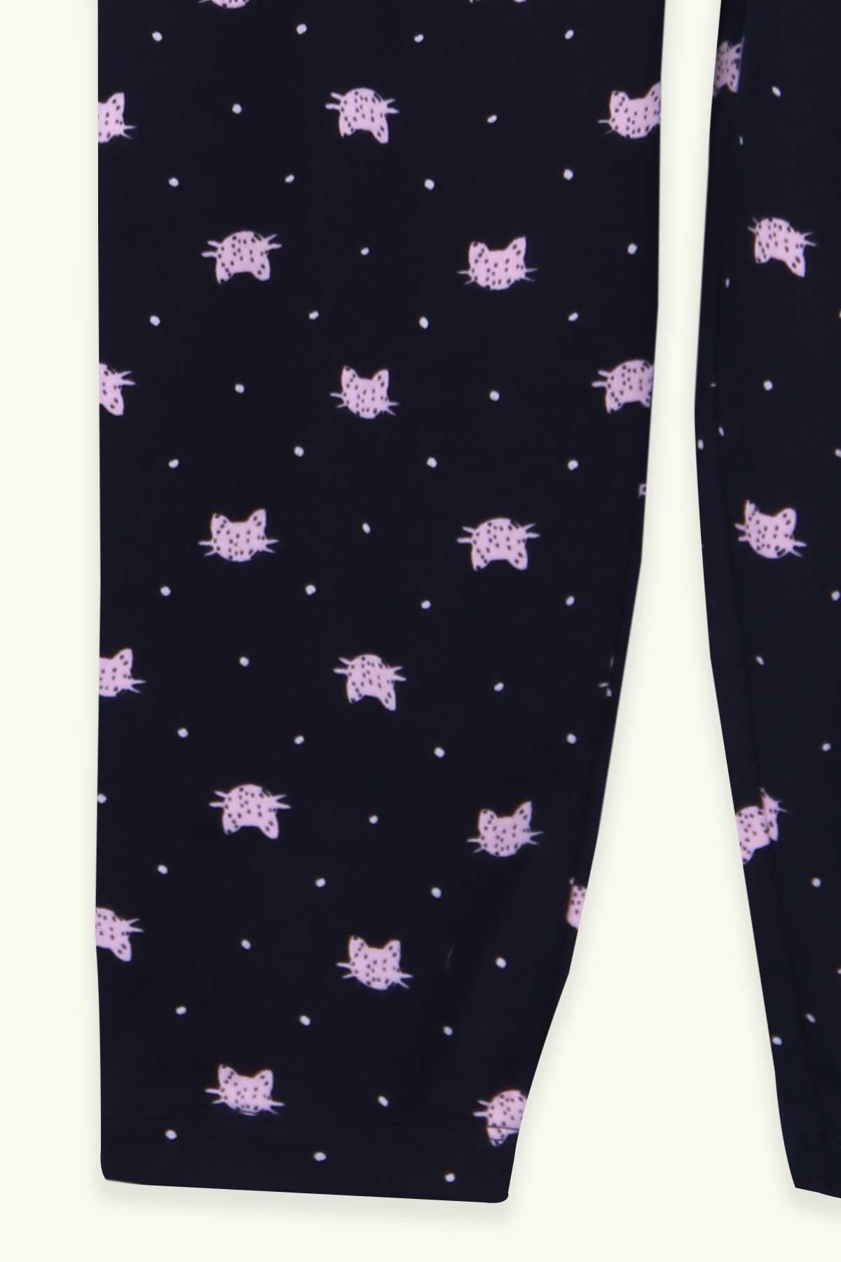 Breeze Kız Çocuk Pijama Takımı Kedi Desenli Lacivert (4-8 Yaş)