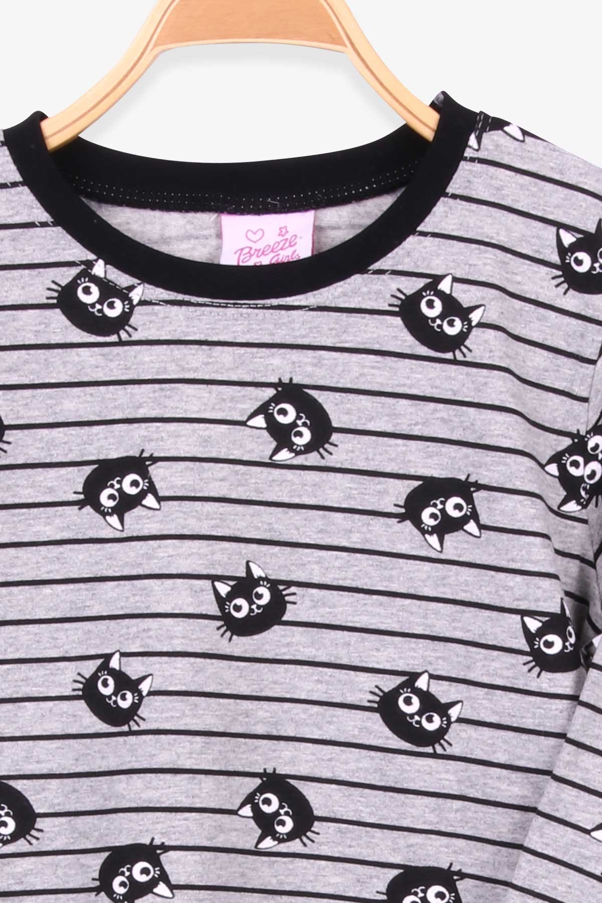 Breeze Kız Çocuk Pijama Takımı Kedi Desenli Gri Melanj (4-8 Yaş)