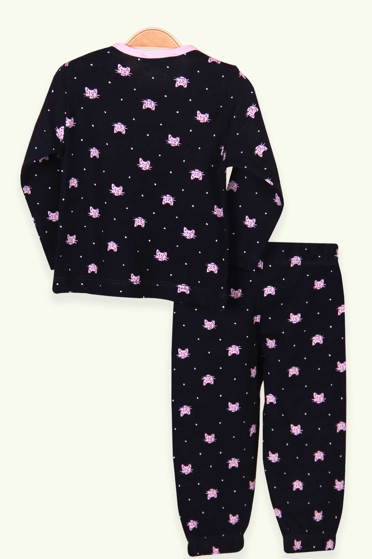 Breeze Kız Çocuk Pijama Takımı Kedi Desenli Lacivert (1-4 Yaş)