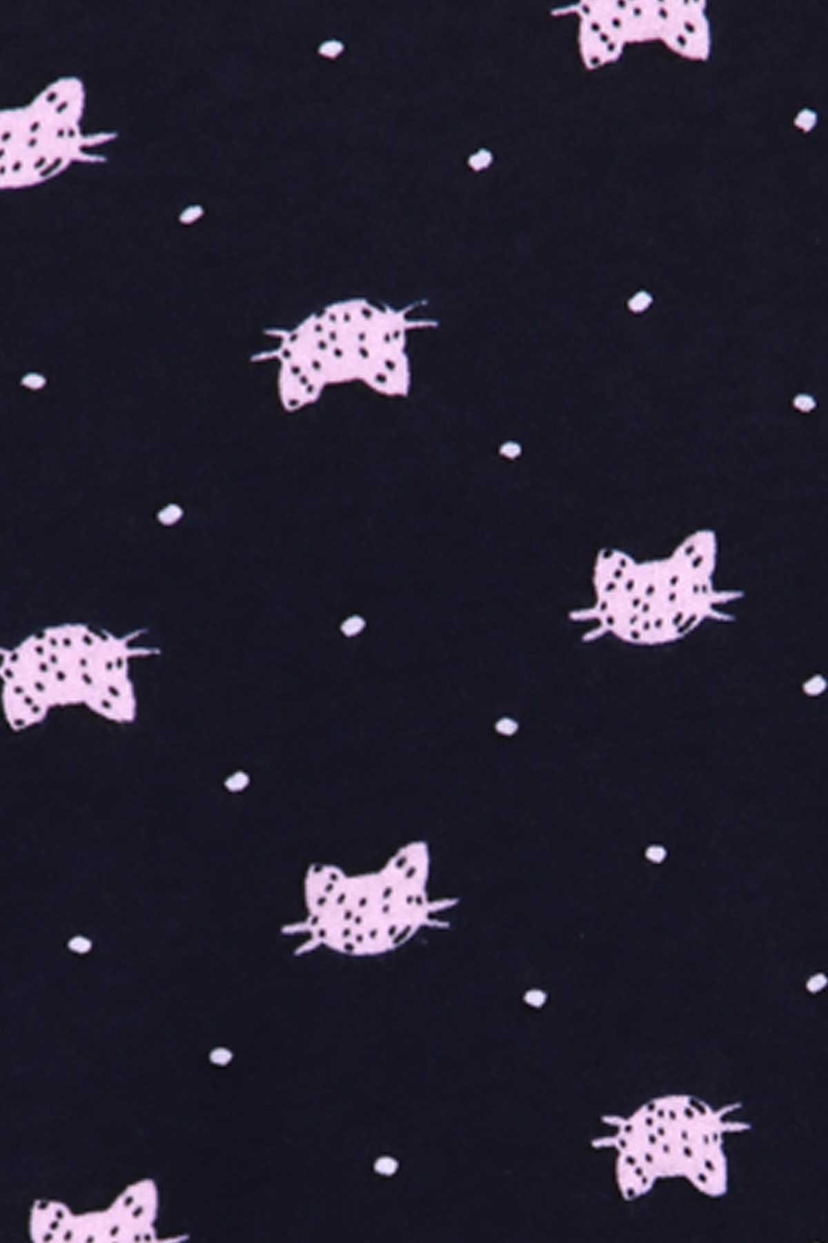 Breeze Kız Çocuk Pijama Takımı Kedi Desenli Lacivert (4-8 Yaş)
