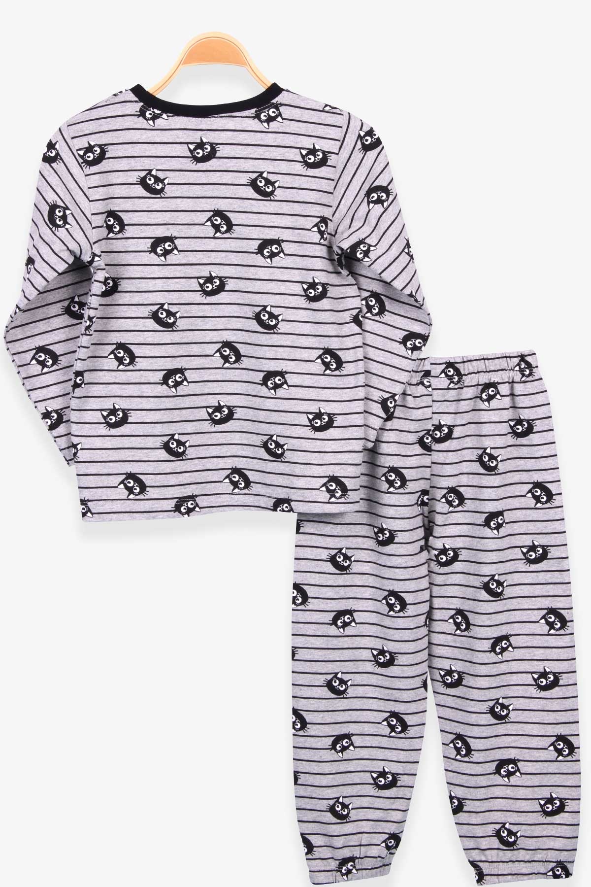 Breeze Kız Çocuk Pijama Takımı Kedi Desenli Gri Melanj (4-8 Yaş)