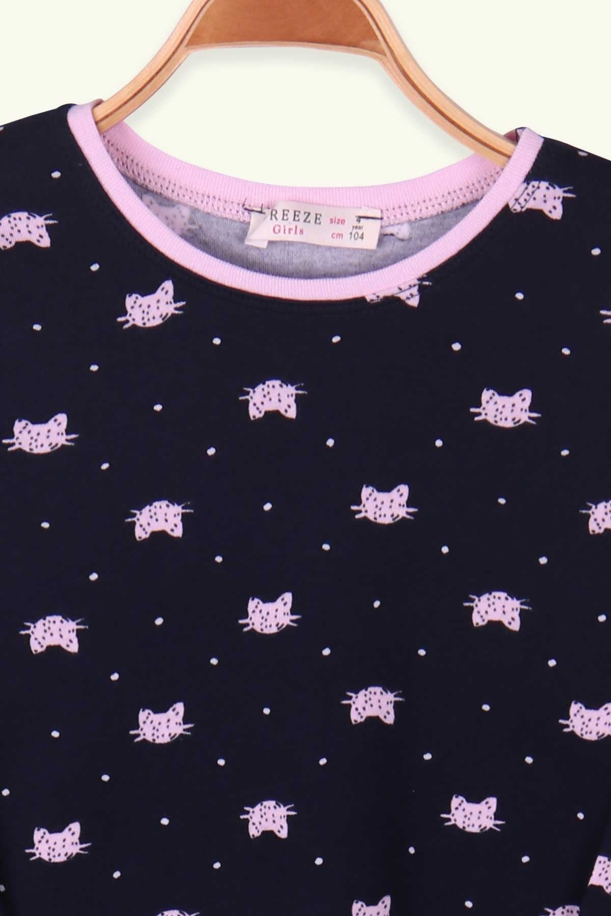 Breeze Kız Çocuk Pijama Takımı Kedi Desenli Lacivert (4-8 Yaş)