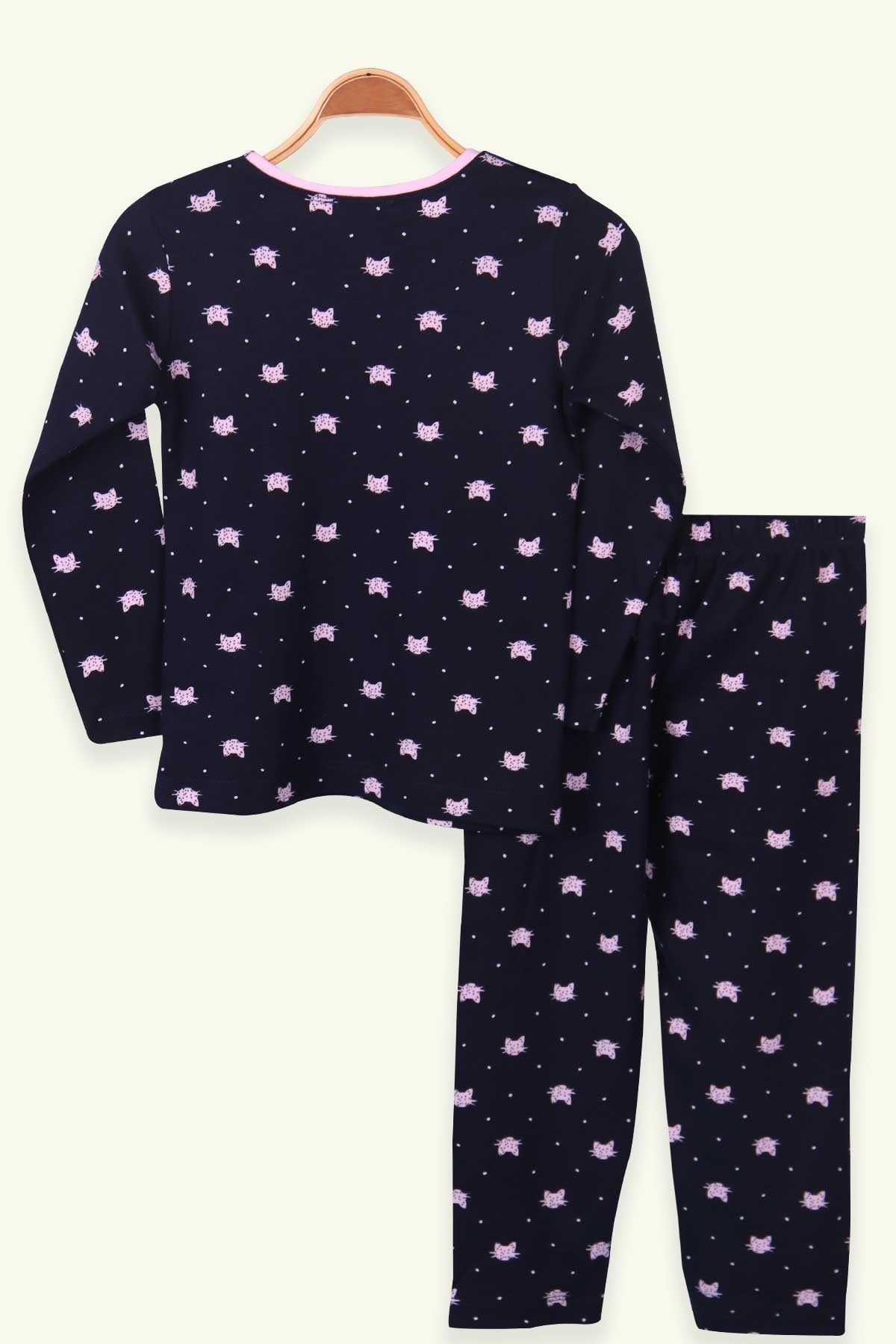 Breeze Kız Çocuk Pijama Takımı Kedi Desenli Lacivert (4-8 Yaş)