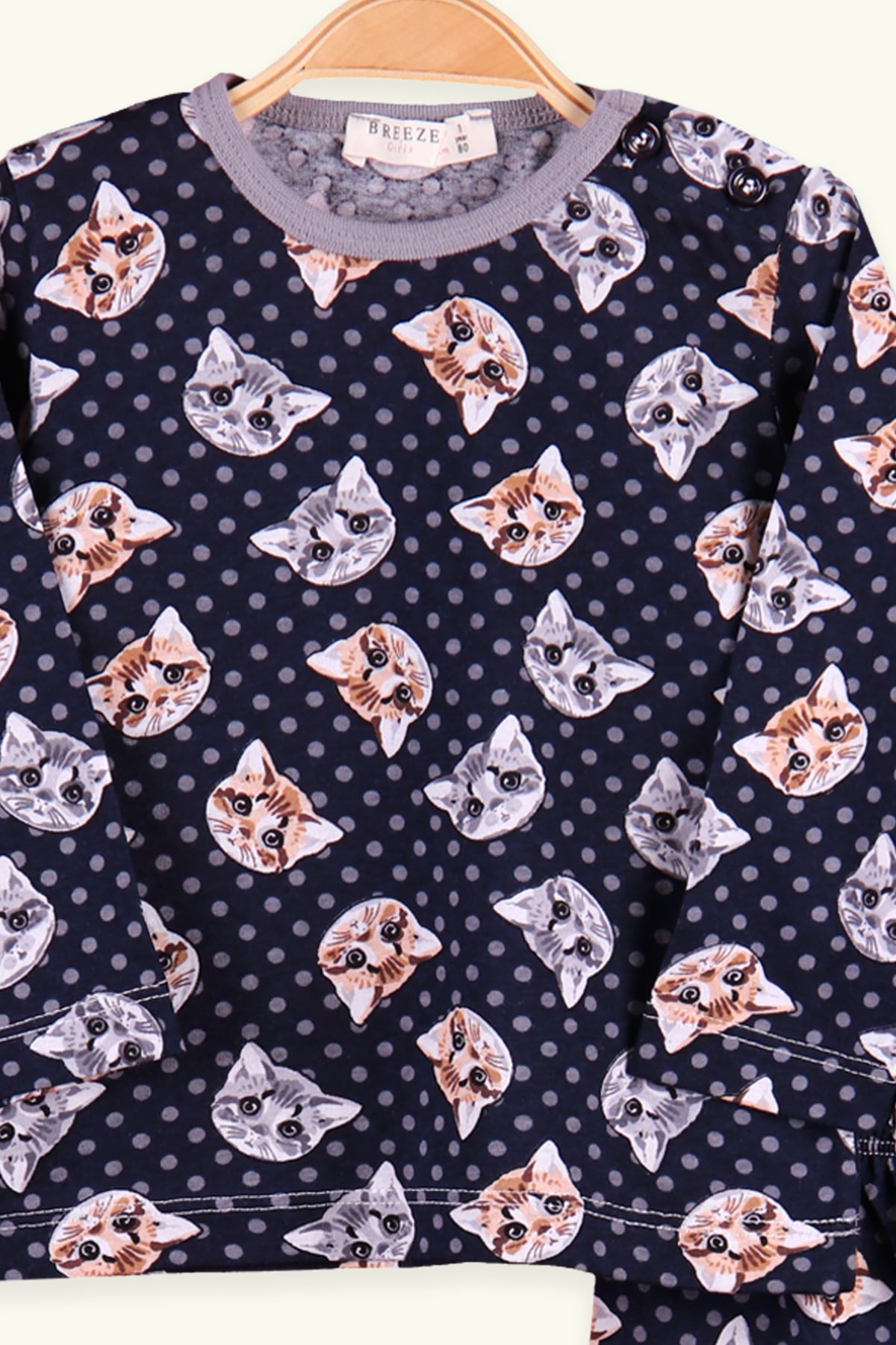 Breeze Kız Çocuk Pijama Takımı Kedi Desenli Lacivert (1-4 Yaş)