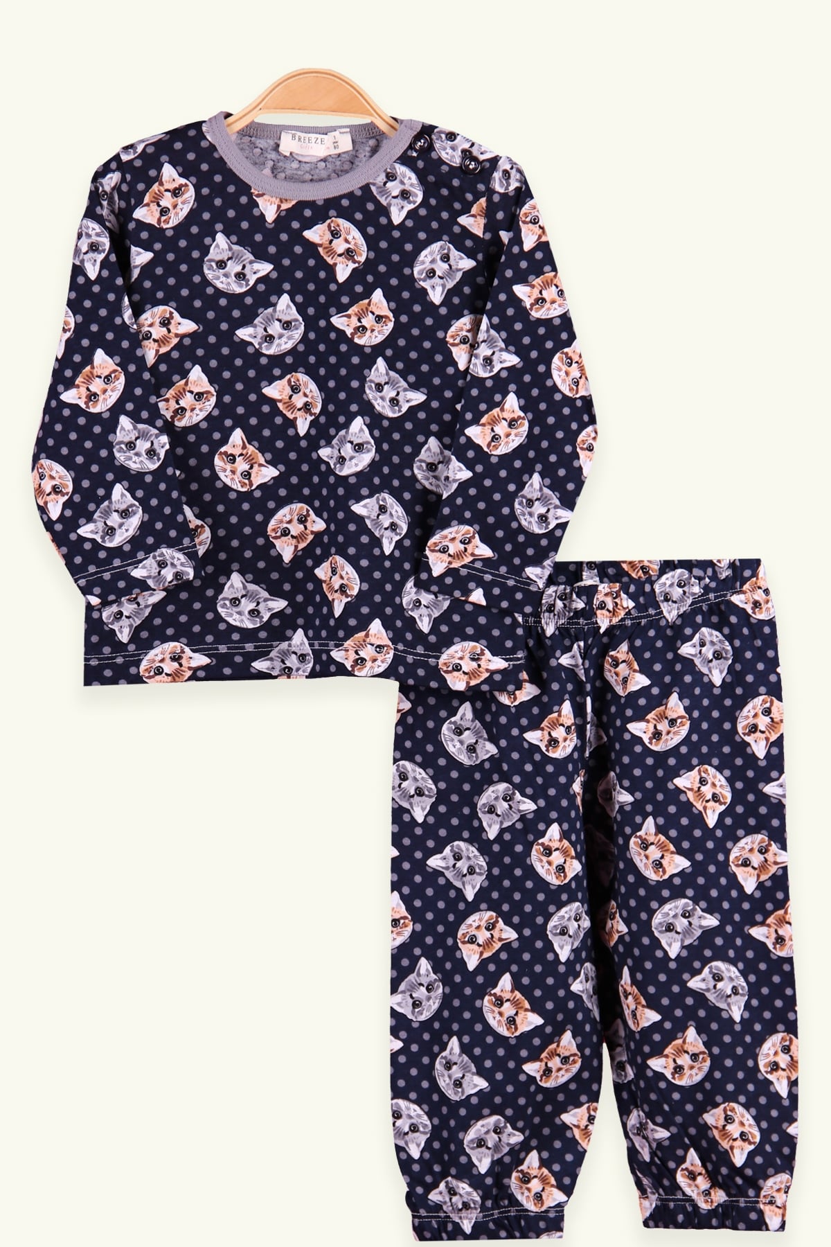 Breeze Kız Çocuk Pijama Takımı Kedi Desenli Lacivert (1-4 Yaş)